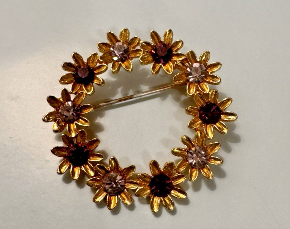 Flower Purple Clear Rhinestone Pin Brooch Gold Tone Garden Fairy Spring Whimsy
