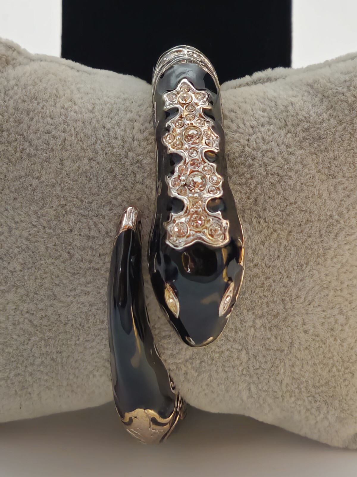 Estate Vintage Silver Finish Snake Clamper Bracelet With Black Enamel