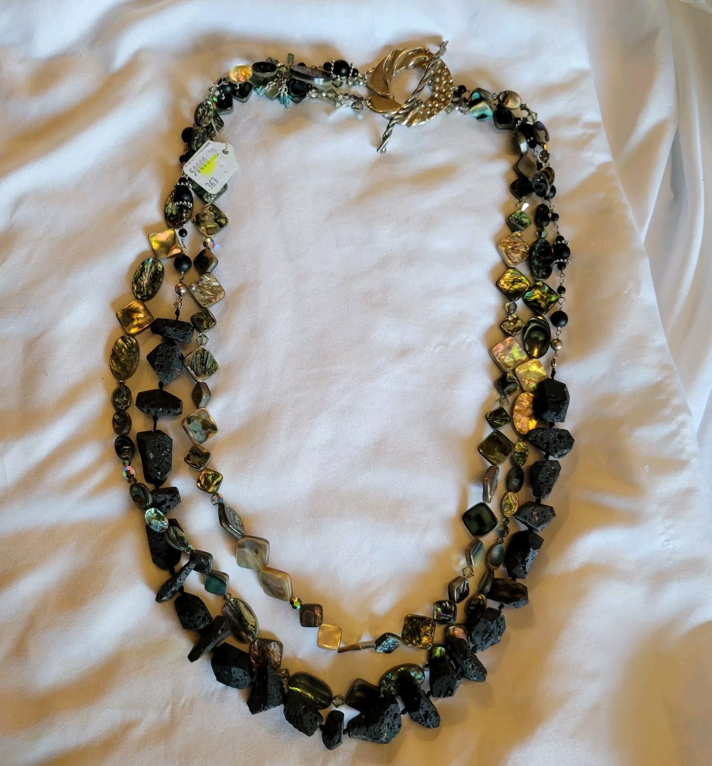 Vtg Lava Rock Mother of Pearl MOP Multi Strand Statement Necklace Signed Bob