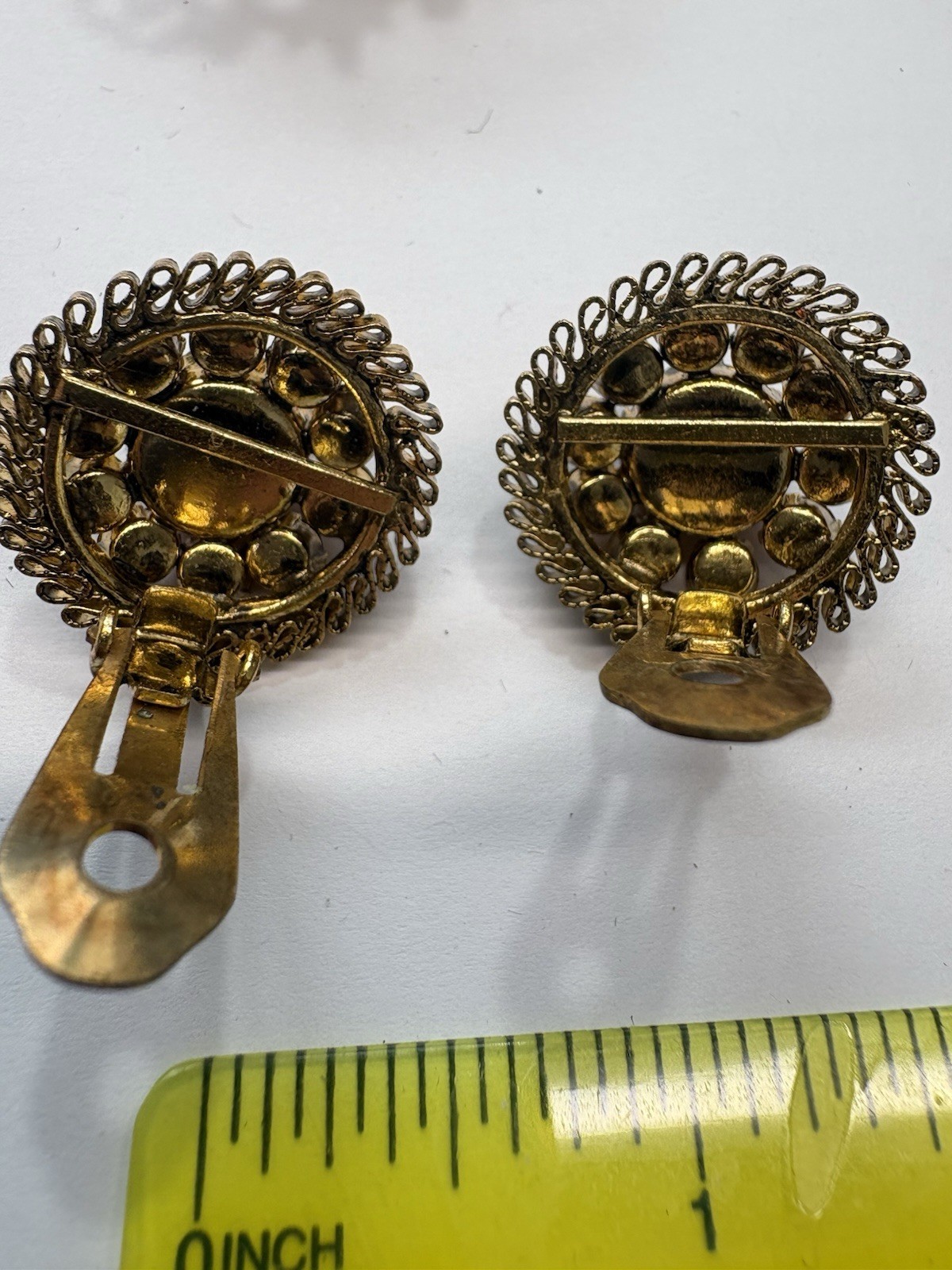 Vintage Austria Amber Rhinestone Brooch Earrings Set Gold Tone Filigree