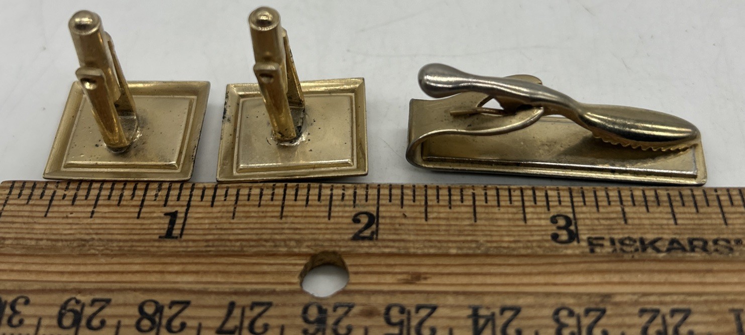 Black Glass Cuff Links & Tie Clip Diamond Accents Rectangle Bullet Shape Vintage