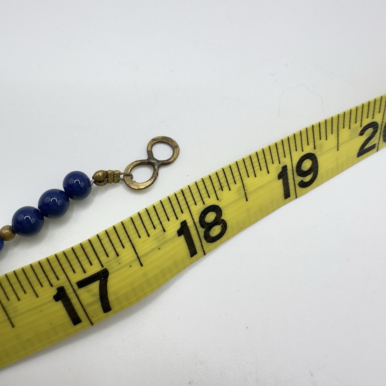 Artisan Blue Beaded Necklace Carved Floral Center Brass Hook Clasp 18″ Handmade