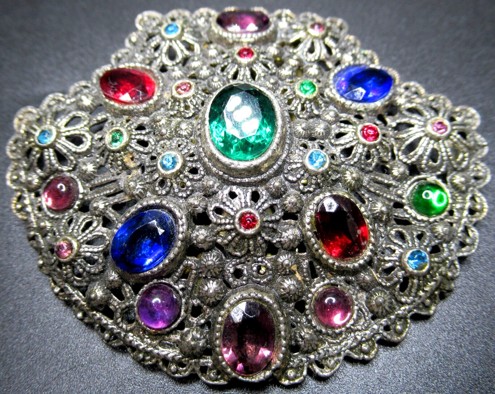 NEW ENGLAND GLASS WORKS Colorful Rhinestone Floral Filigree Vintage Dress Clip