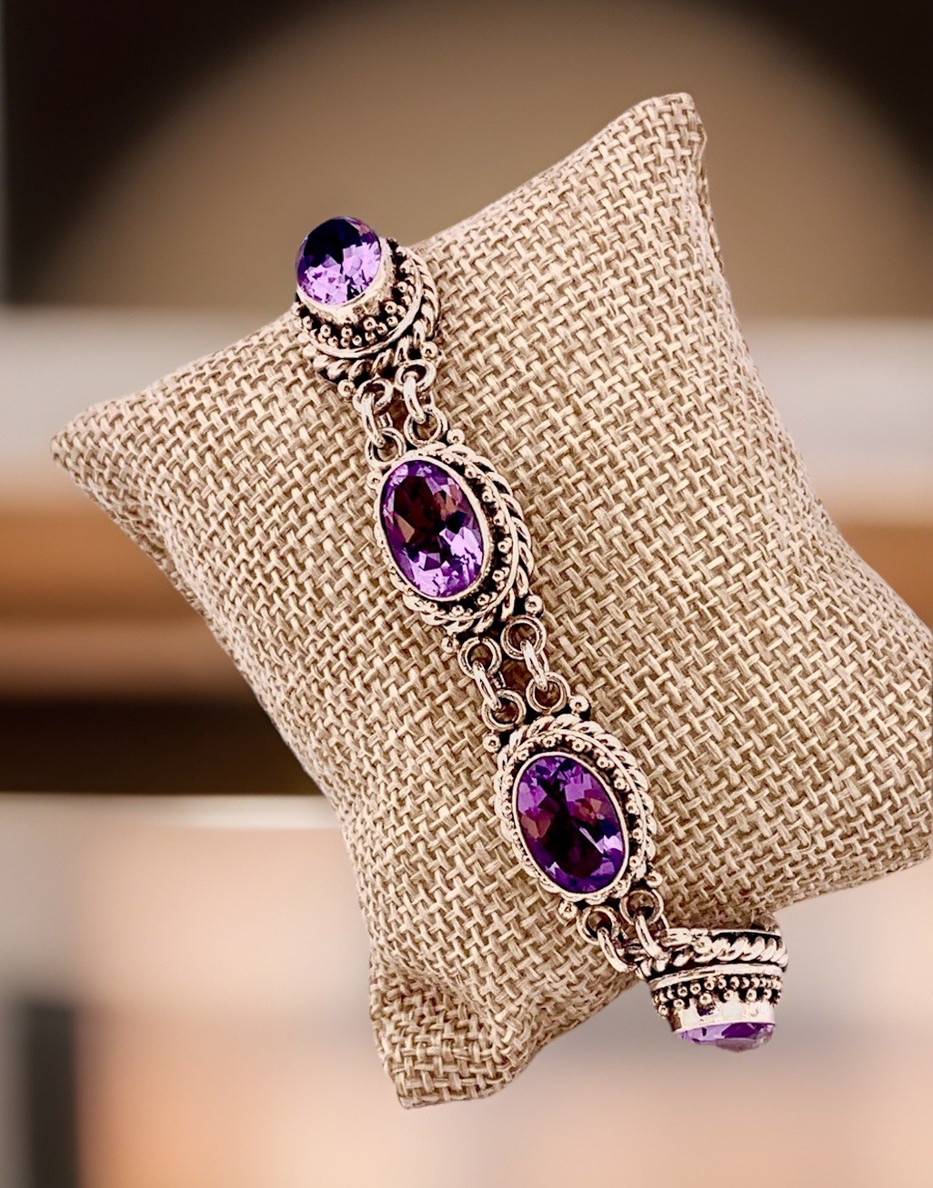 Vintage Sterling Silver Tennis Bracelet Purple Stones 8″