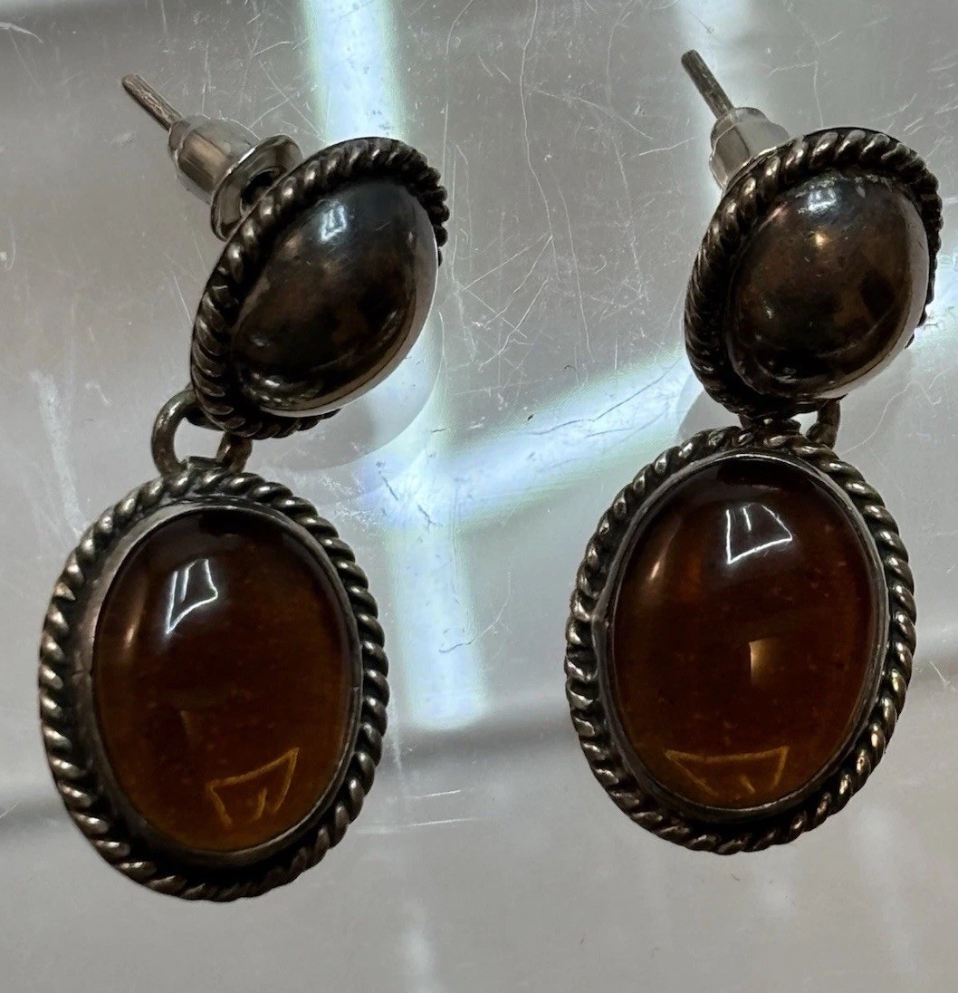 Vtg 925 Sterling Amber Cabochon 1-1/4” Dangle Drop Post Earrings Mexico 8g