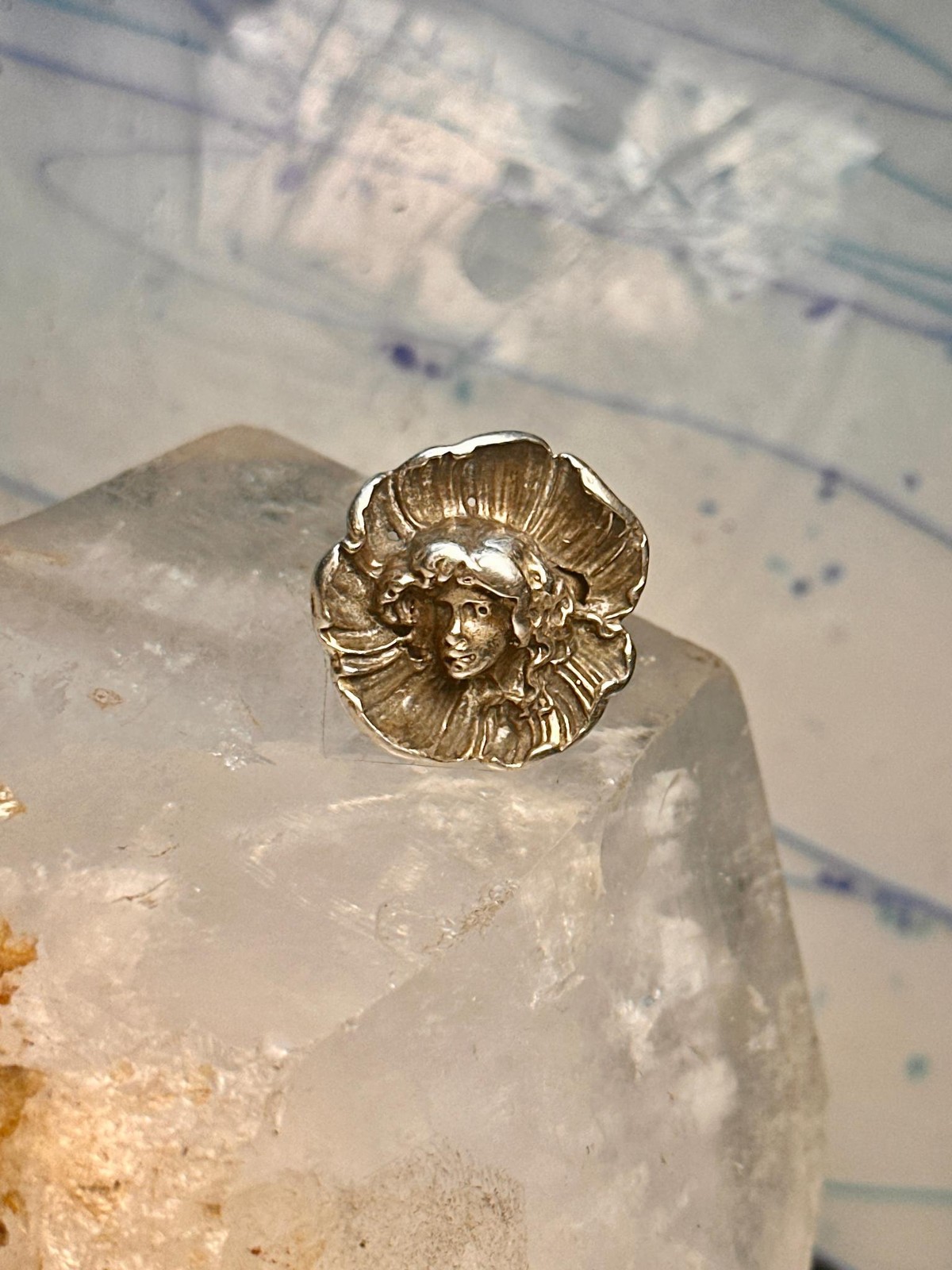 Vintage Face ring in poppy flower Art Nouveau size 6.75 sterling silver women gi