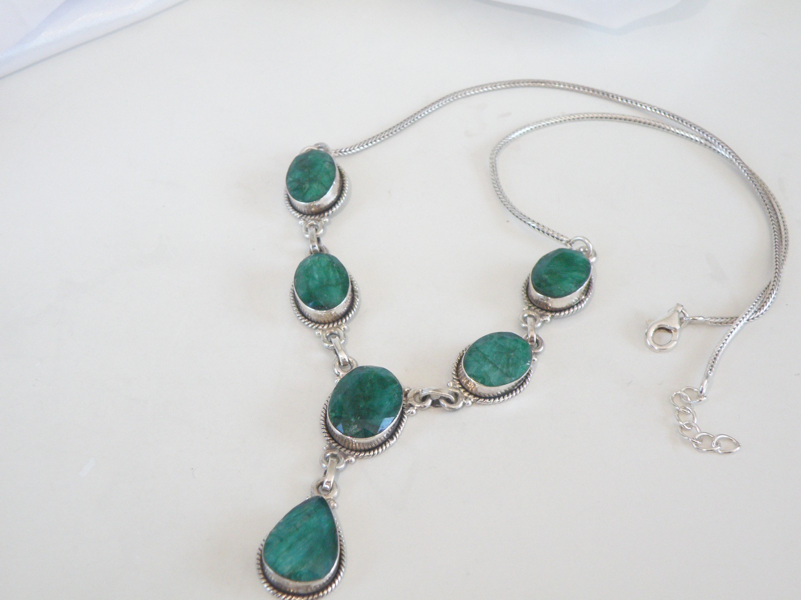 Vintage Sterling Silver 925 Large Natural Raw Emerald Statement Necklace 19″