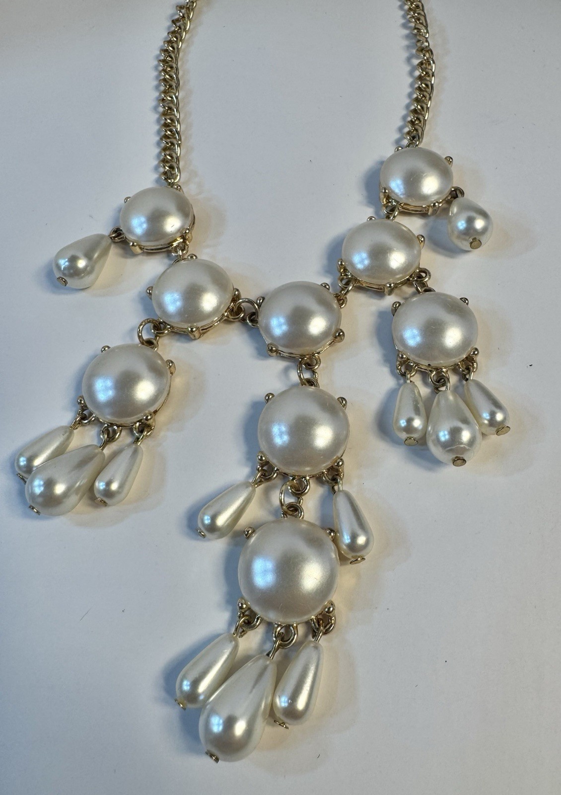 Faux Pearl Cluster Necklace Adjustable Length Ivory and Gold Tone