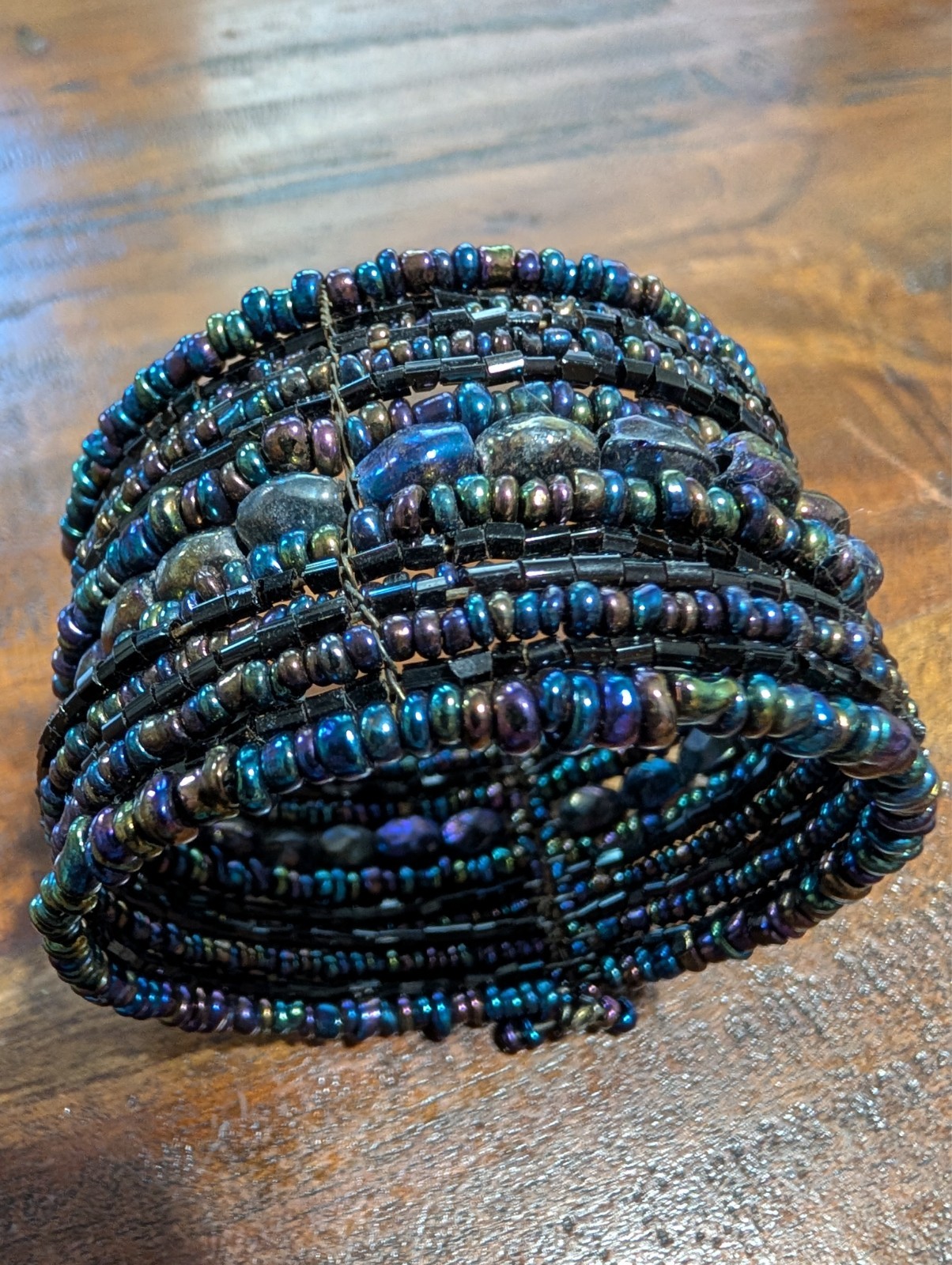 Boho Peacock Blue Purple Beaded Cuff Bracelet Memory Wire Statement Artisan Y2K