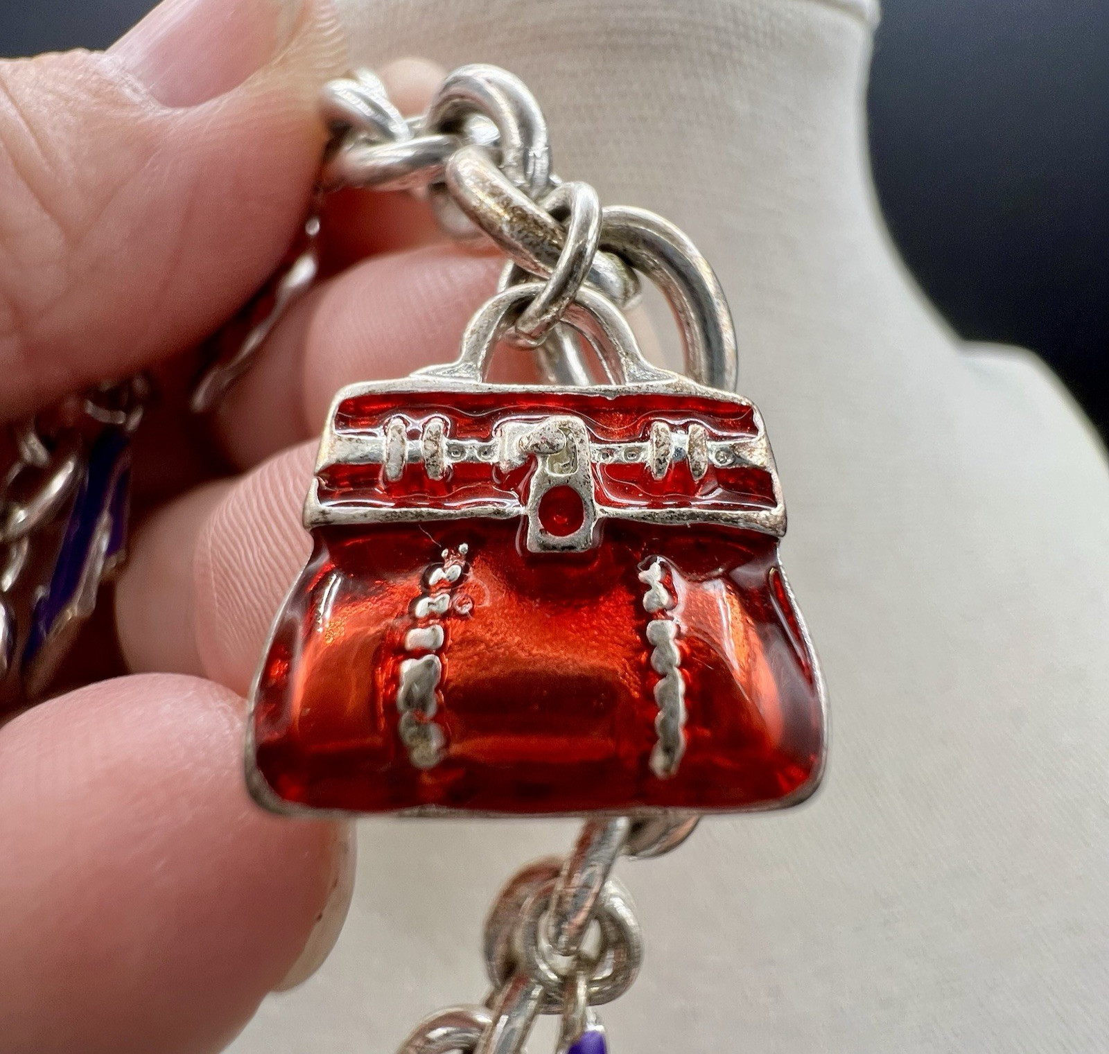 Vintage Enamel Charm Bracelet Purse Hat High Heel Shoes Silver Tone Fashion