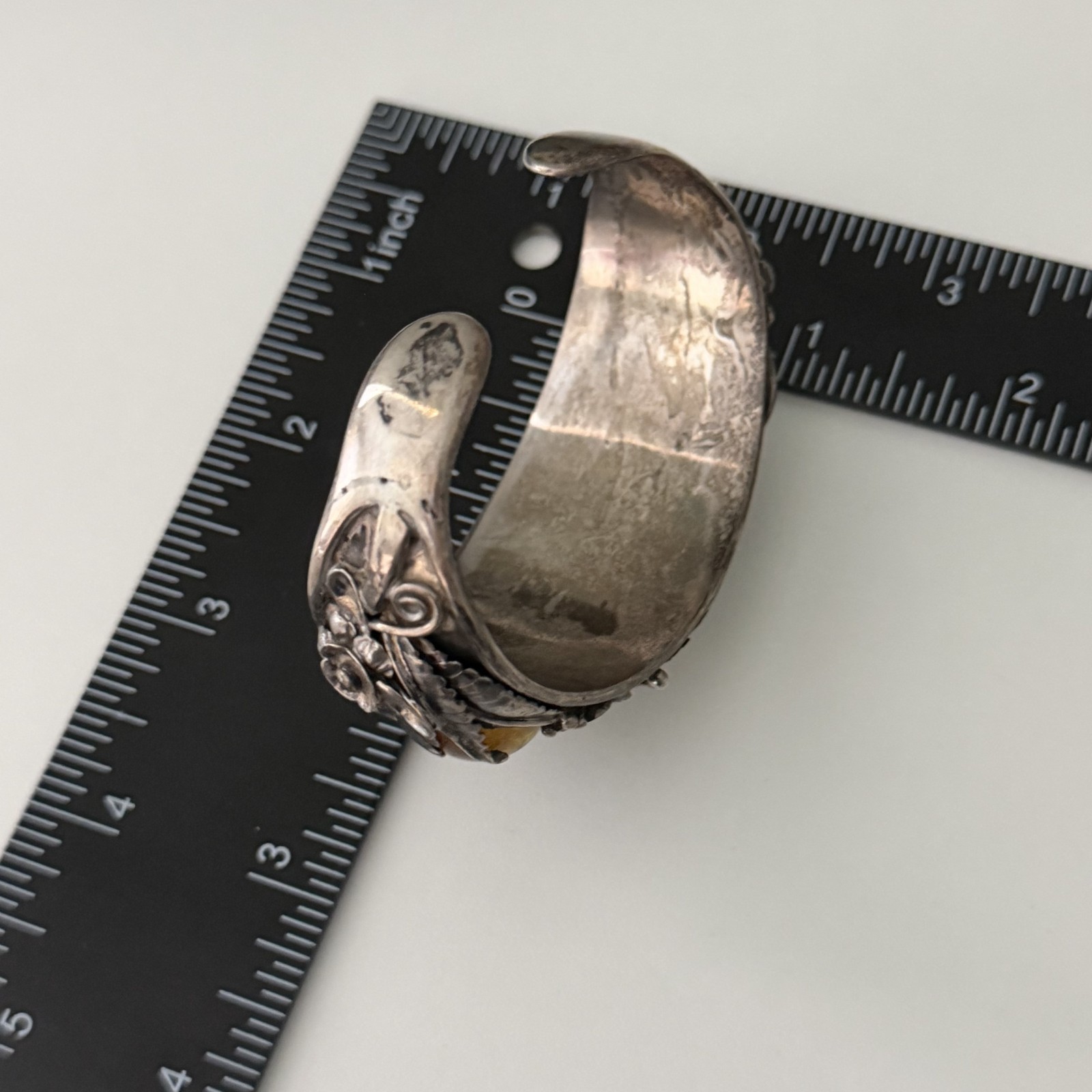 Vintage Sterling Silver Big Chunky Amber Leaf Southwest Cuff Bracelet Heavy