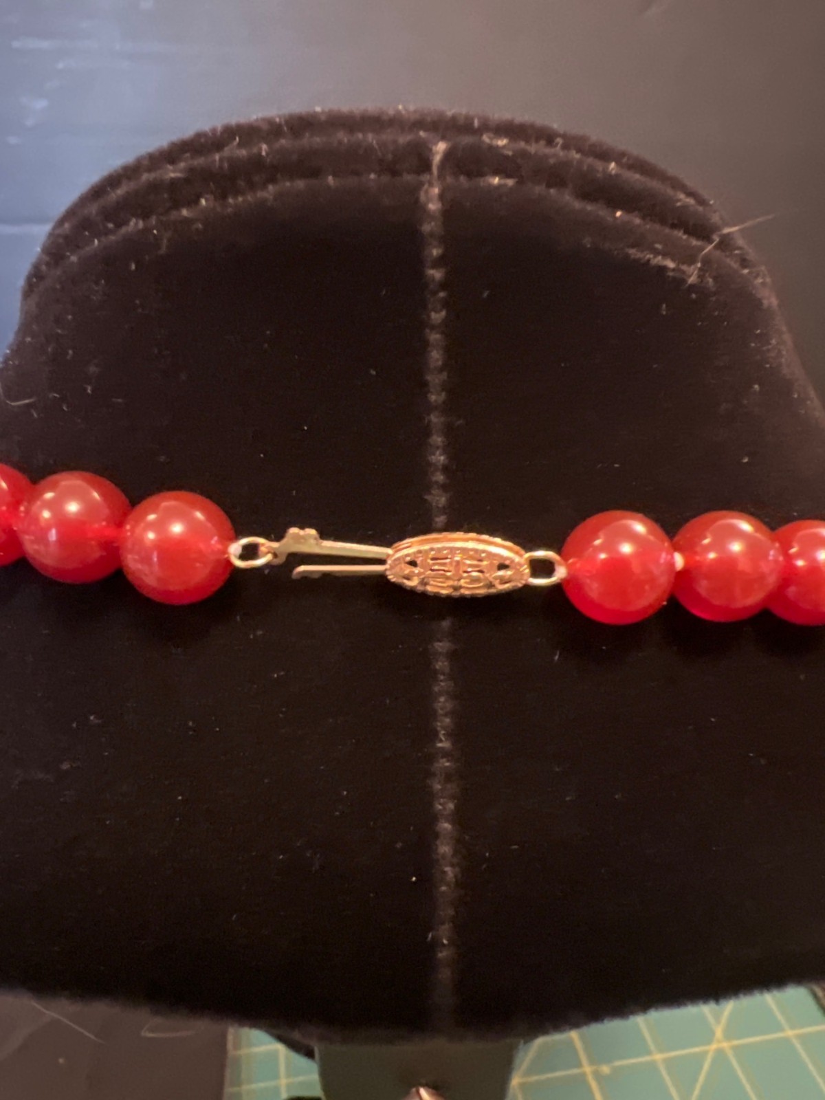 Vintage Red Beaded Necklace Carnelian ? Gold Accents 10k Safety Clasp Closure