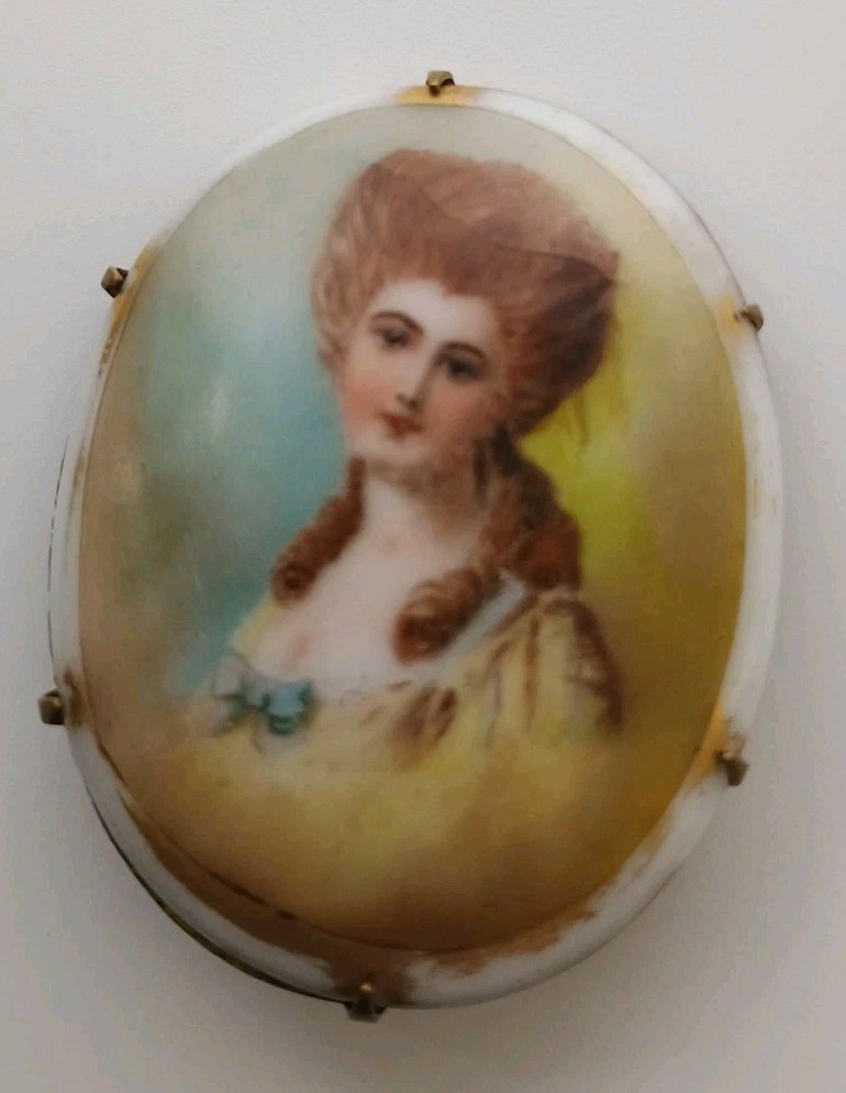Antique Victorian Hand Painted Portrait Brooch Porcelain Brass C Clasp 2″