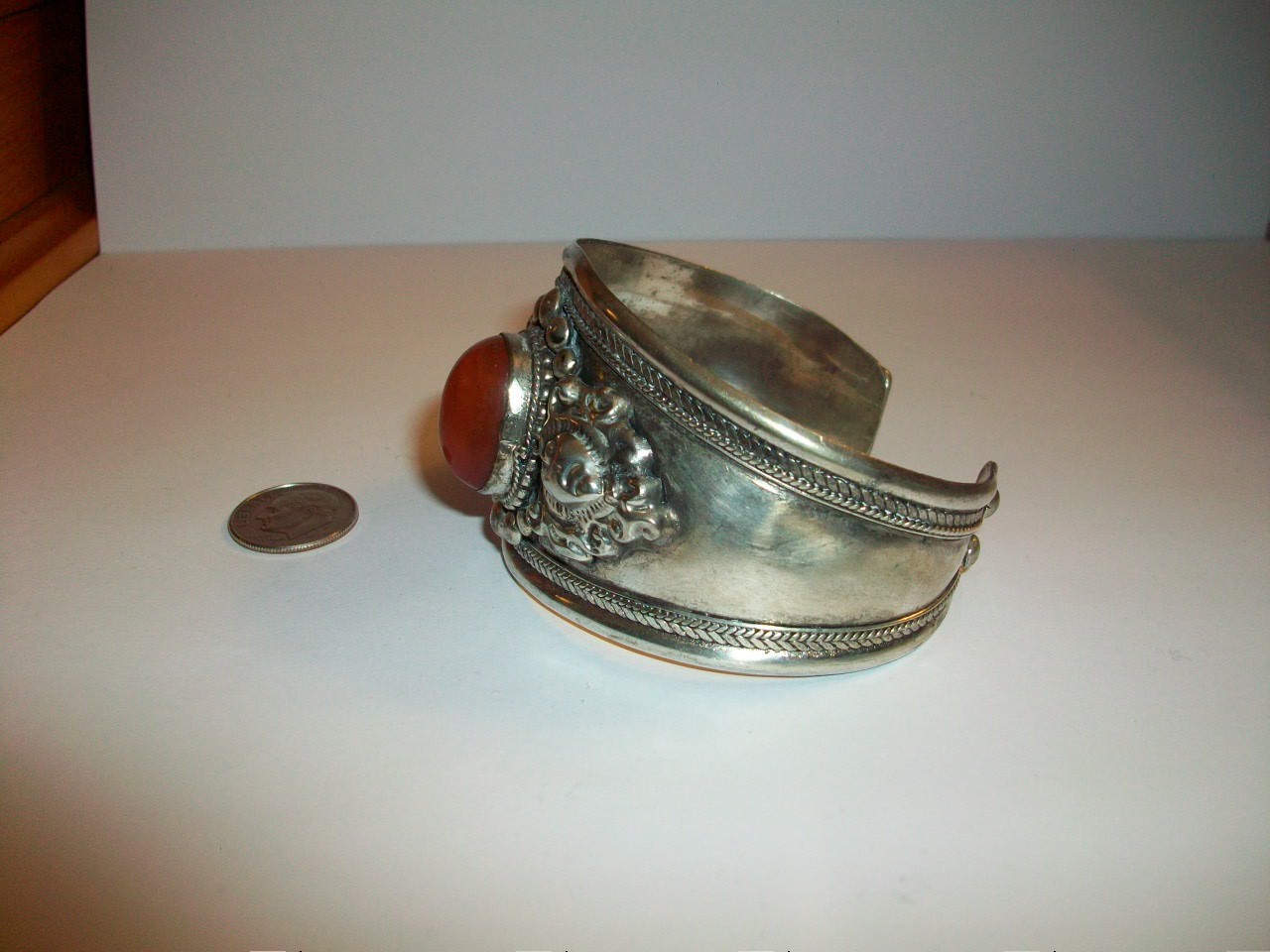 VTG Tribal Style Tibetan Silver Cuff W/Carnelian Stone & Ornate Design