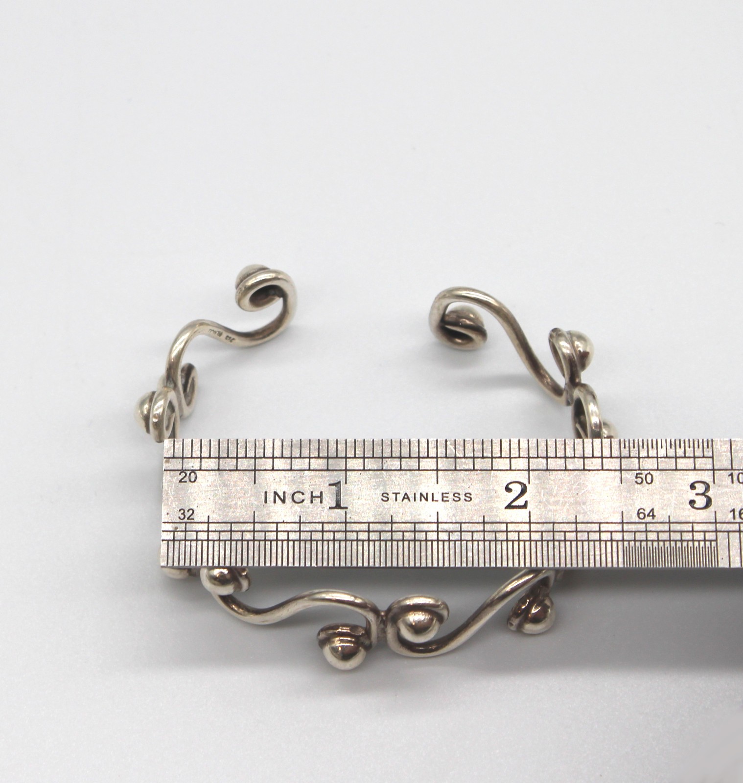 Vintage 925 Mexico Sterling Silver Modernist Cuff Bracelet Stud Bead Wave Design