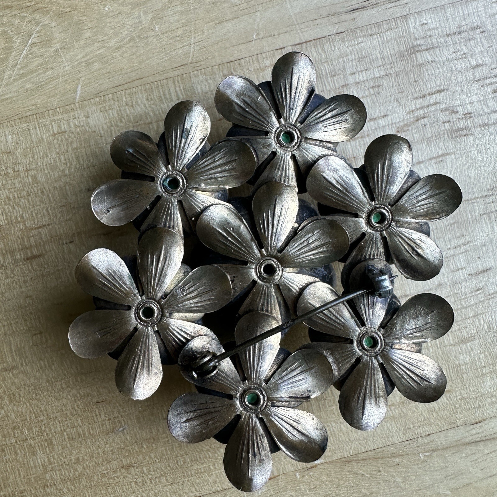 Vintage Flowers Brooch 2.4 Inch Green Crystal Multi Layered Antique Gold MCM