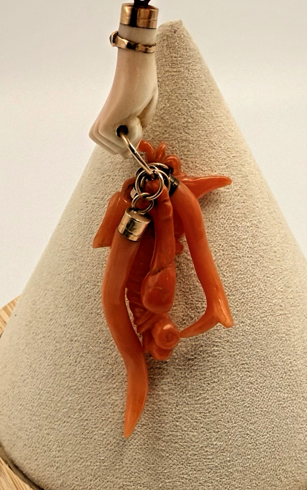 Antique Ca 1830-70s Angle Skin /Orange Coral Hand Figa & Charm Pendant Gold