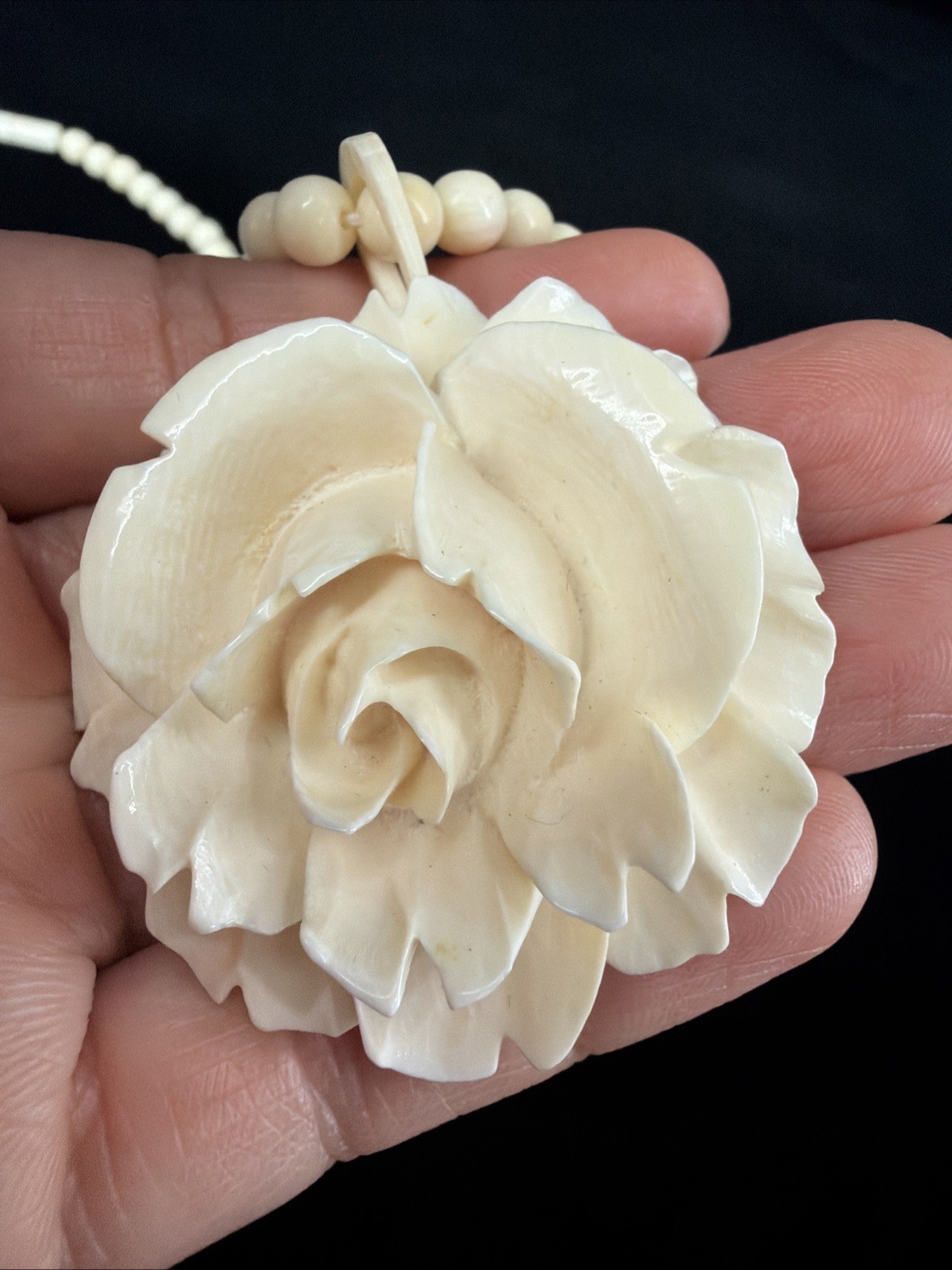 Vintage White Resin Rose Long Hand Beaded Statement Necklace 22”