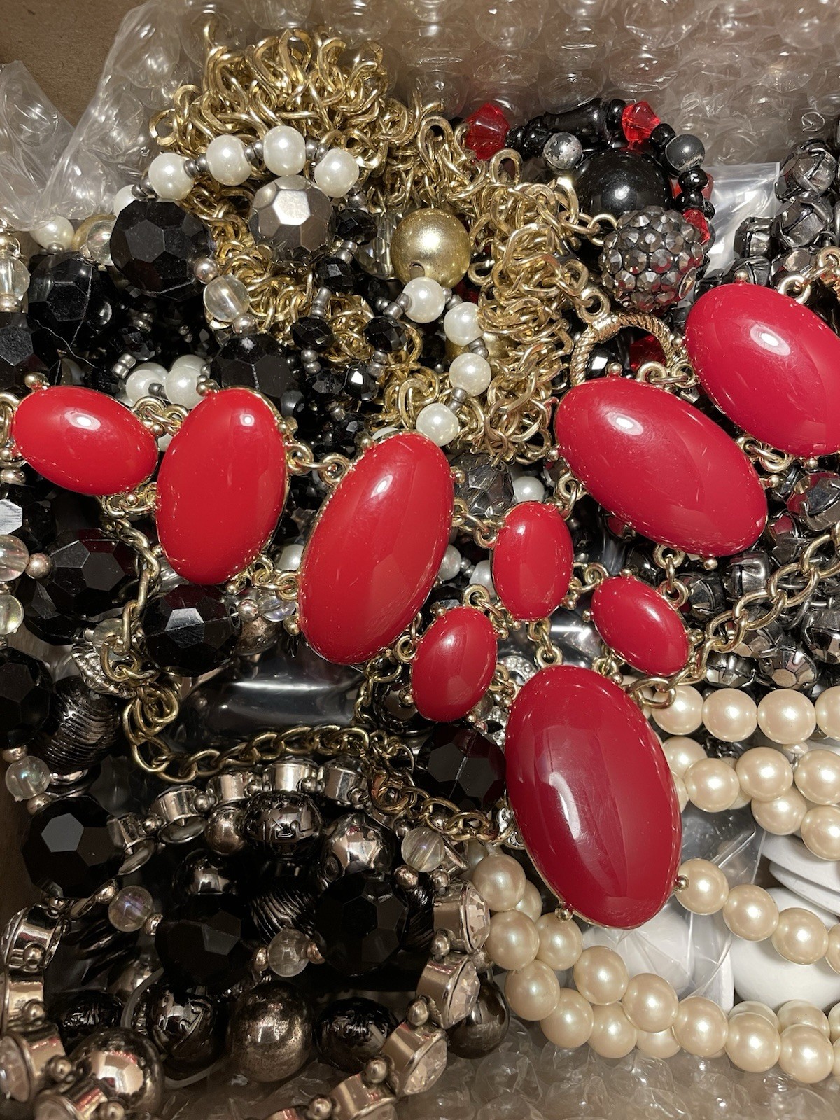 4.6 Lbs Mixed Beaded Jewelry Lot Black Red White Silver Tone Gold Tone Boho Vtg