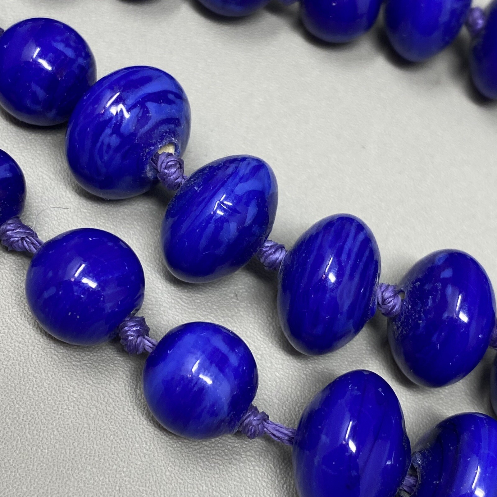 VTG Ceramic Bead Necklace Blue Marble Hand Knot Cord Chain Multi Strand Boho 21″