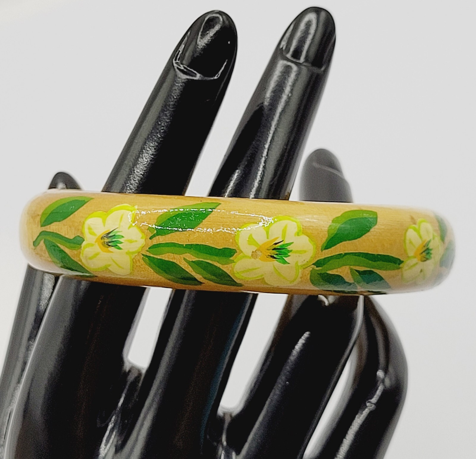 Wood Bangle Hand Painted Cream Flowers Green Leaves Lacquered Bangle Bracelet