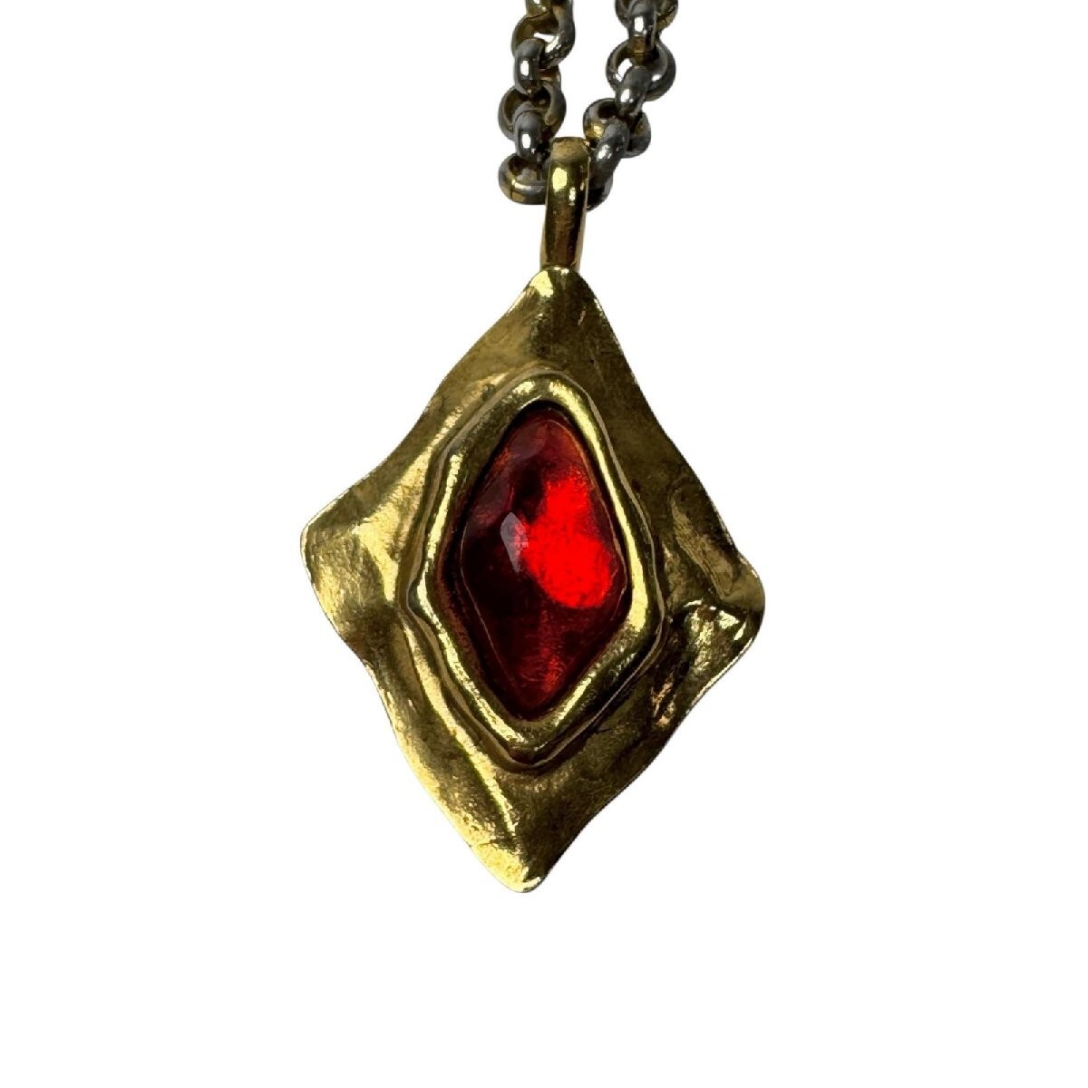Yves Saint Laurent Authentic Vintage Gold Tone Necklace Red Resin Pendant Chain