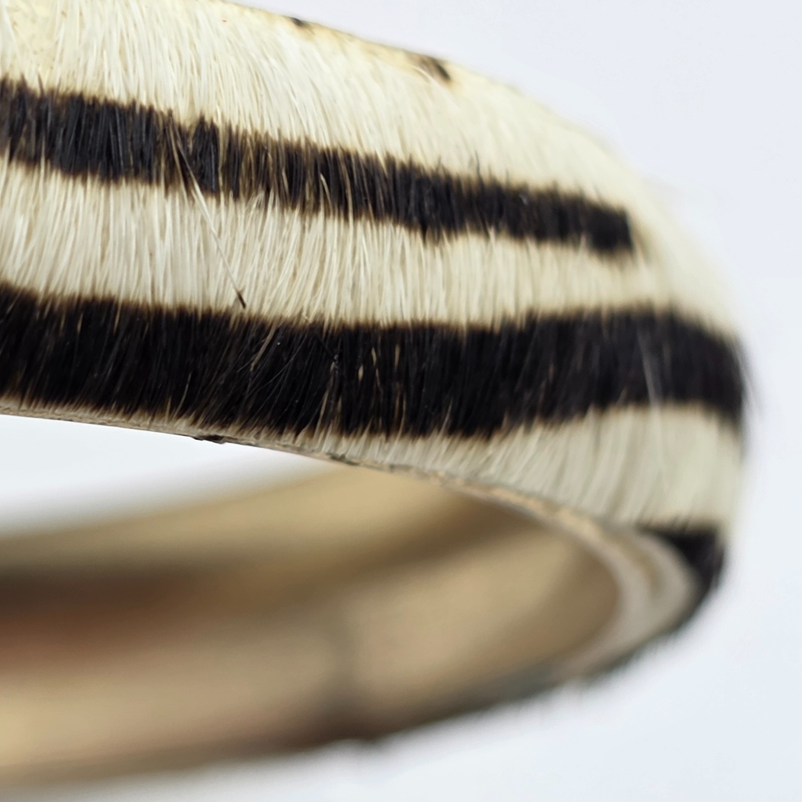 Vtg. Zebra Animal Print Furry Bangle Bracelet Gold Tone Faux Fur Statement 8.25″