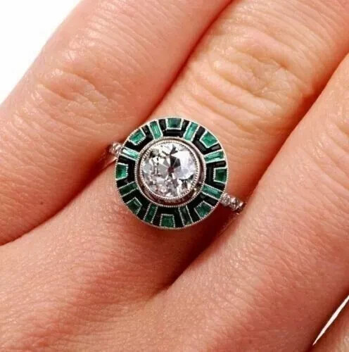 Art Deco Style Lab-Created Diamond & Emerald Enamel Ring 14k White Gold Finish