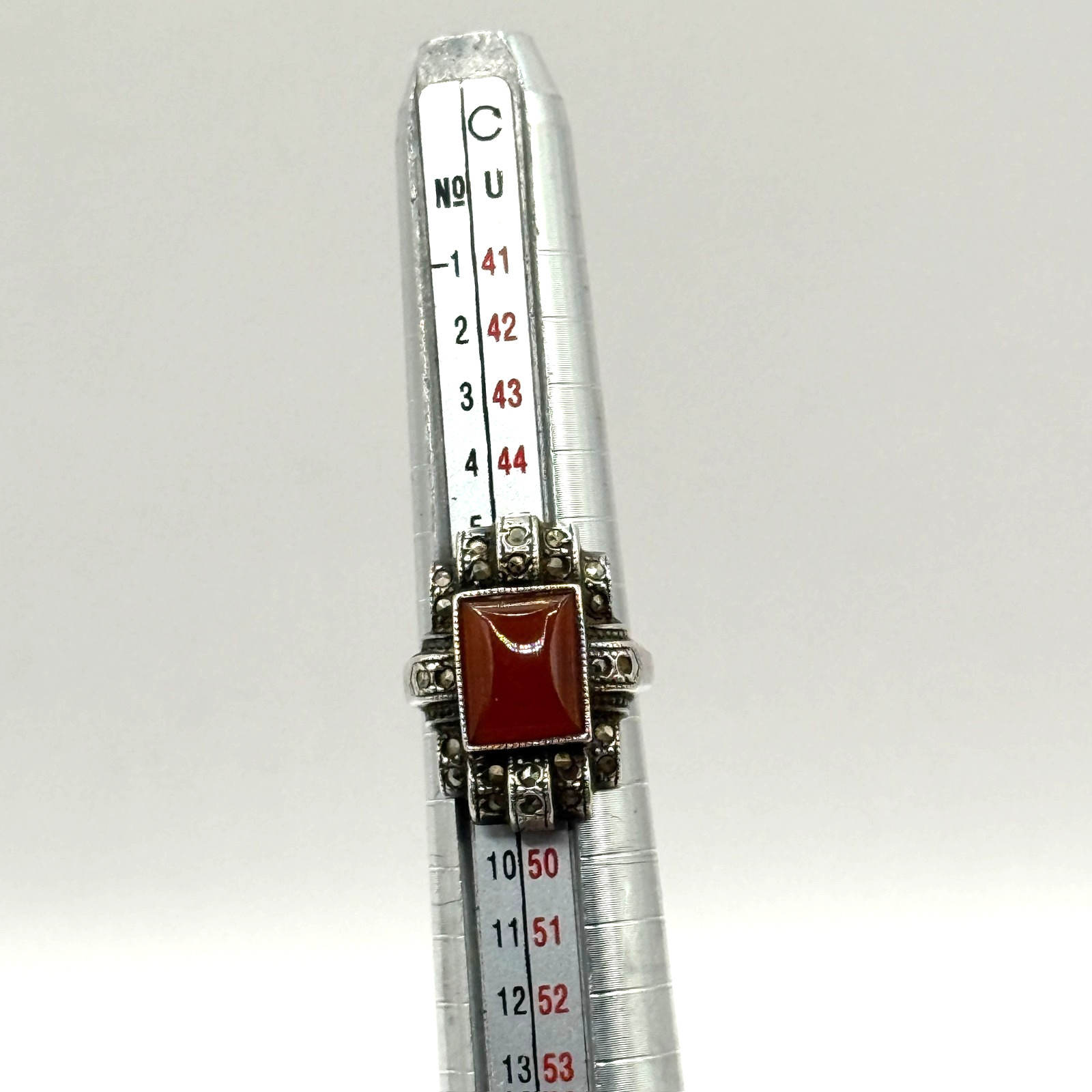 Vintage Art Deco STERLING SILVER Orange Carnelian Stone Marcasite Ring Size 4.25