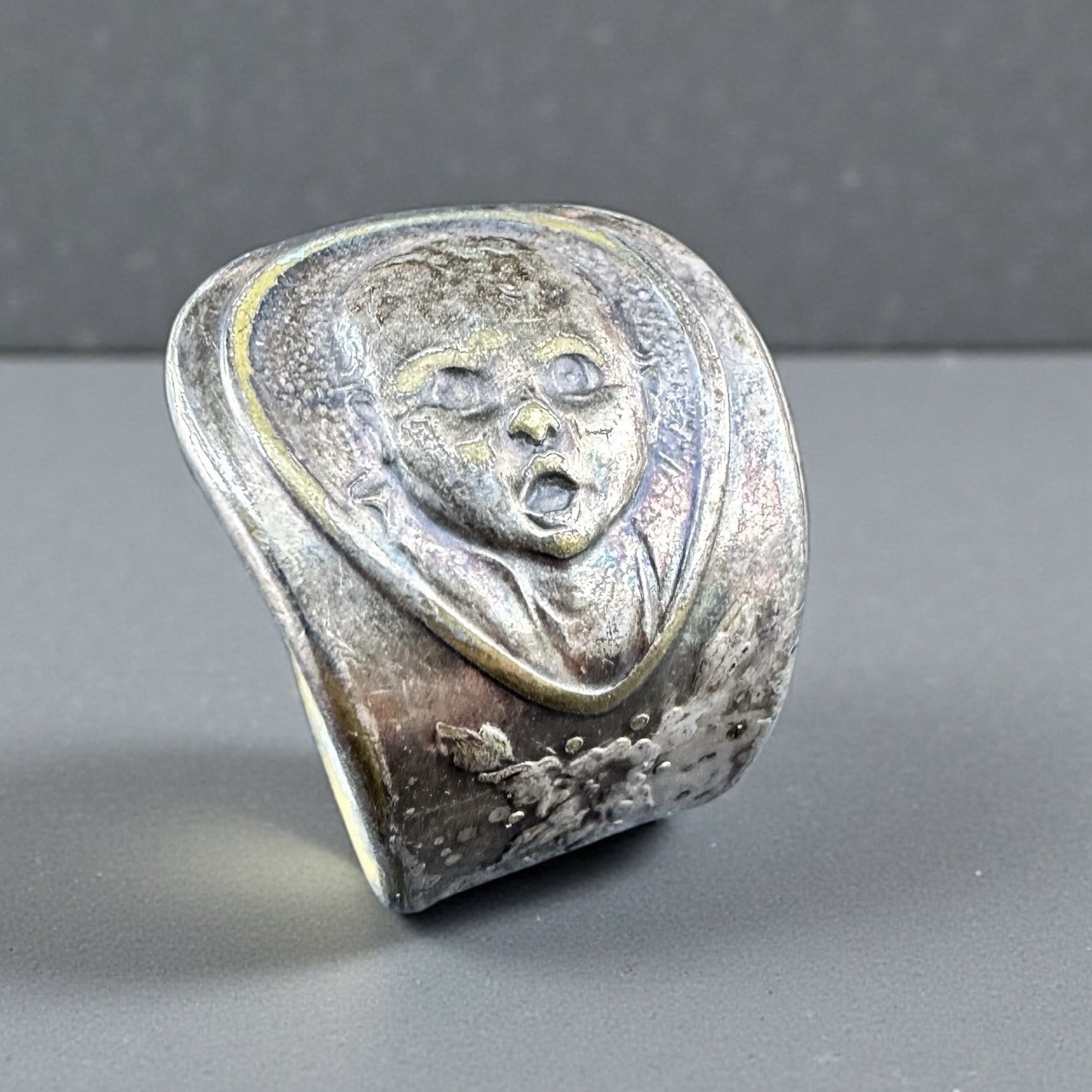 Vintage Oneida Gerber Baby Spoon Ring Heavy Patina Engraved 1981 Silver Size 8