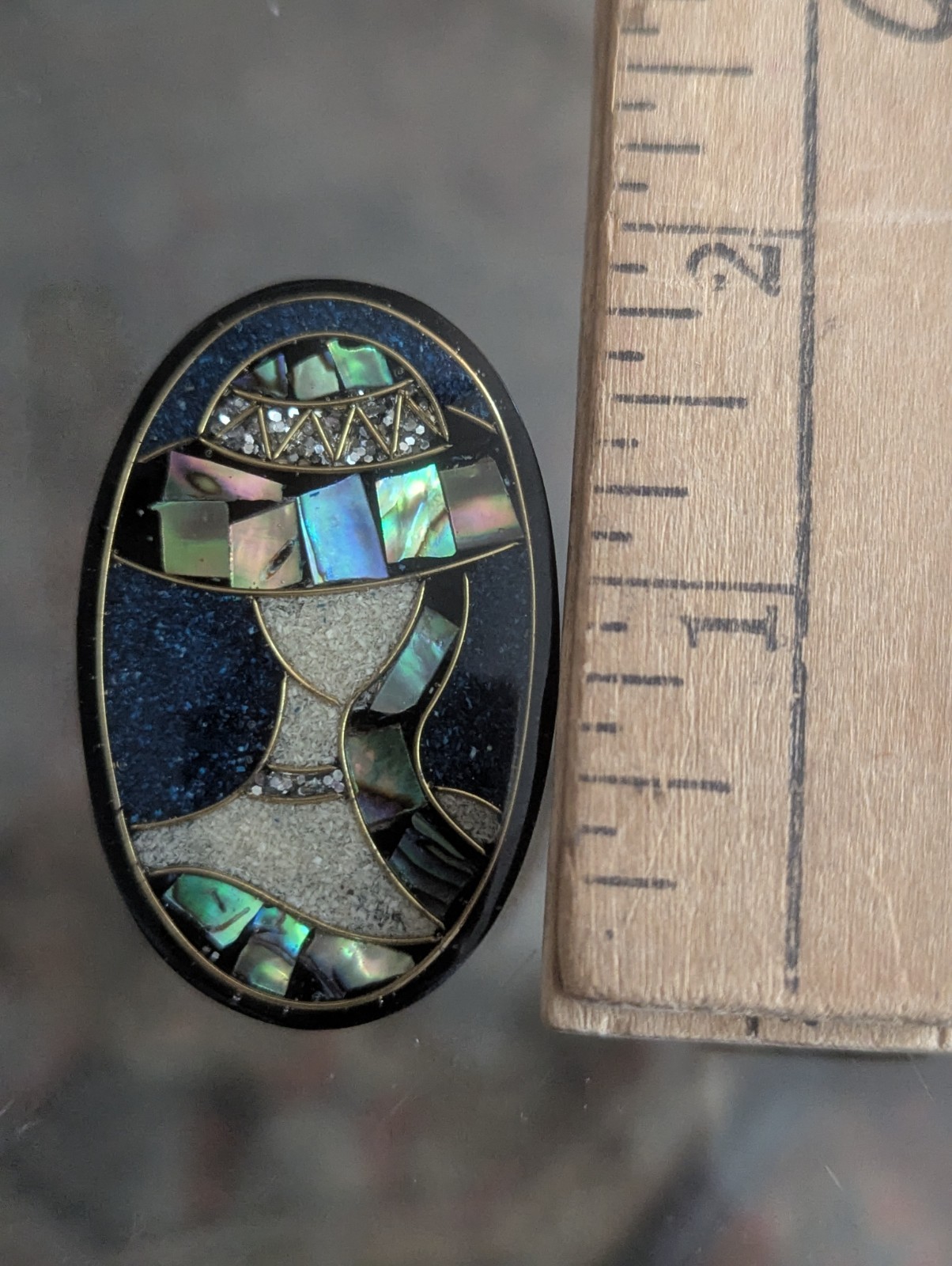 Vintage Mosaic Inlay Brooch Lee Sands Style Lady Hat Oval Abalone Paua Art Deco