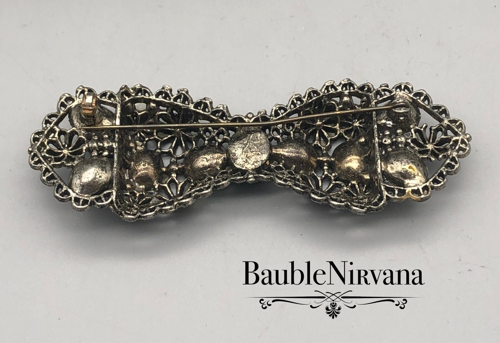 Vintage Silver Flowers Filigree Multi Color Jeweled Glass Stones Bow Pin Brooch