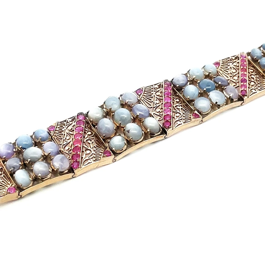 Ruby Star Sapphire Gold Bracelet 8k Art Deco White Filigree Rectangle Links