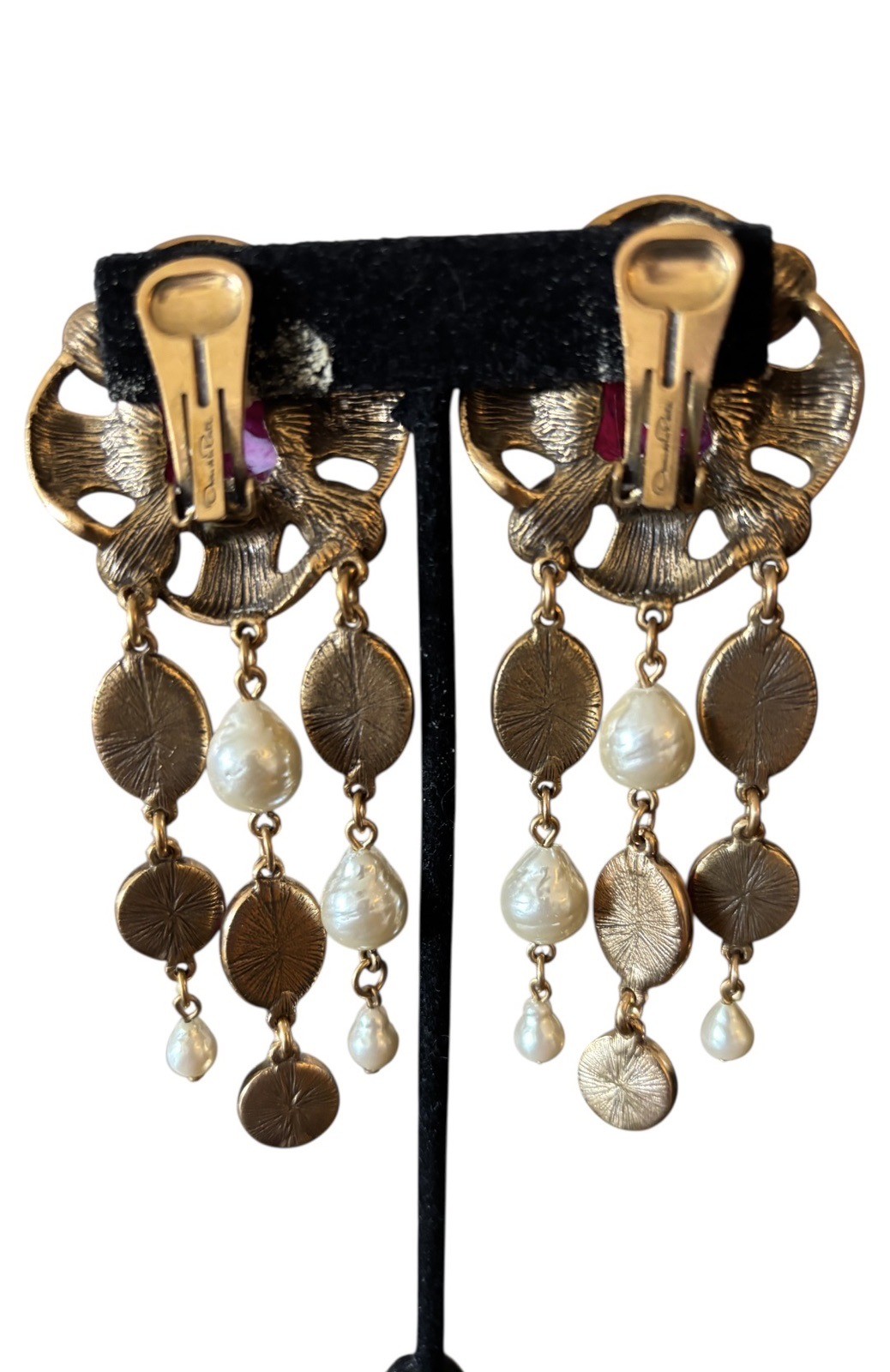 Vintage Oscar de La Renta Faux Pearl & Cabochon Chandelier Clip Earrings
