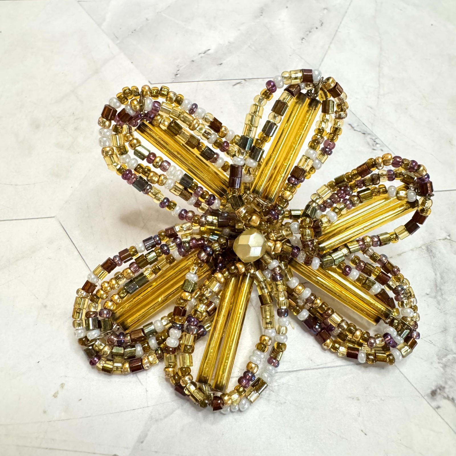 Vintage Joan Rivers Flower Brooch Pin Gold Tone Glass Beaded Signed 3″ Retro EUC