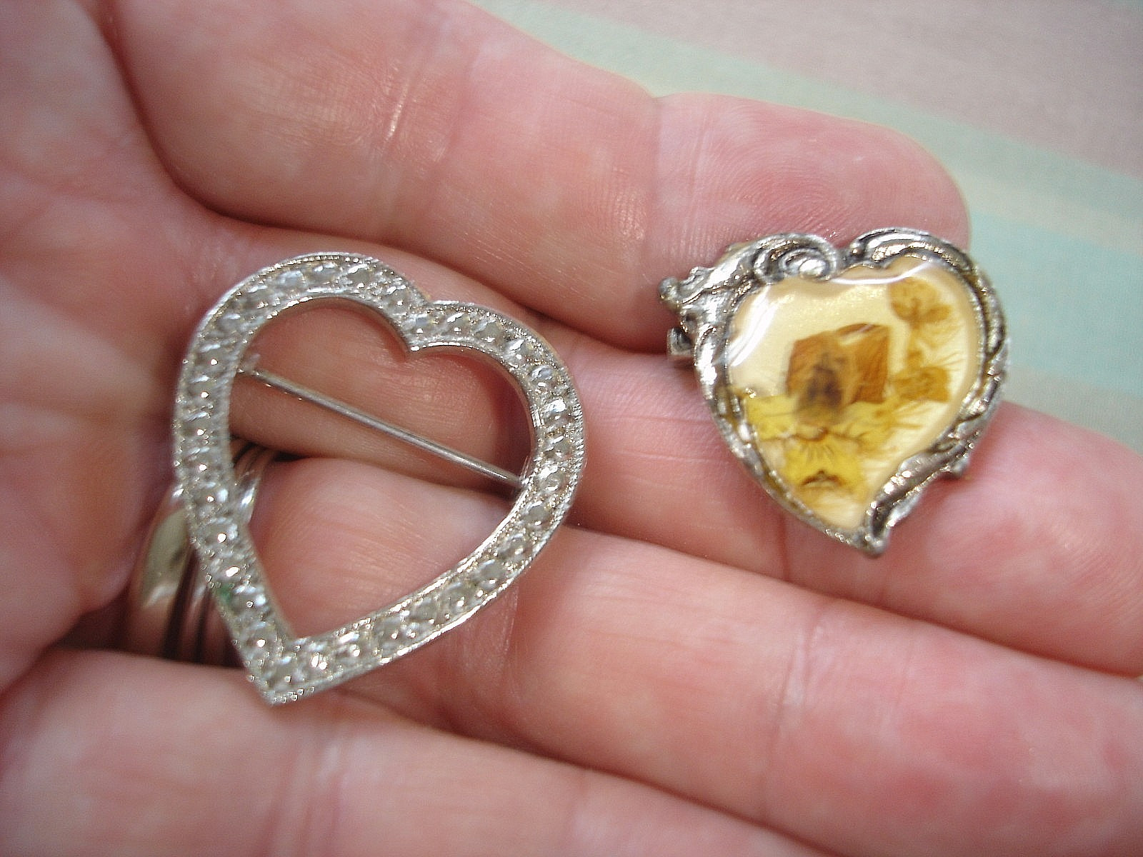 Vintage LOT of 6 HEART & ANGEL Pin Brooches-4 Heart, 2 Angels-Pearls Rhinestones