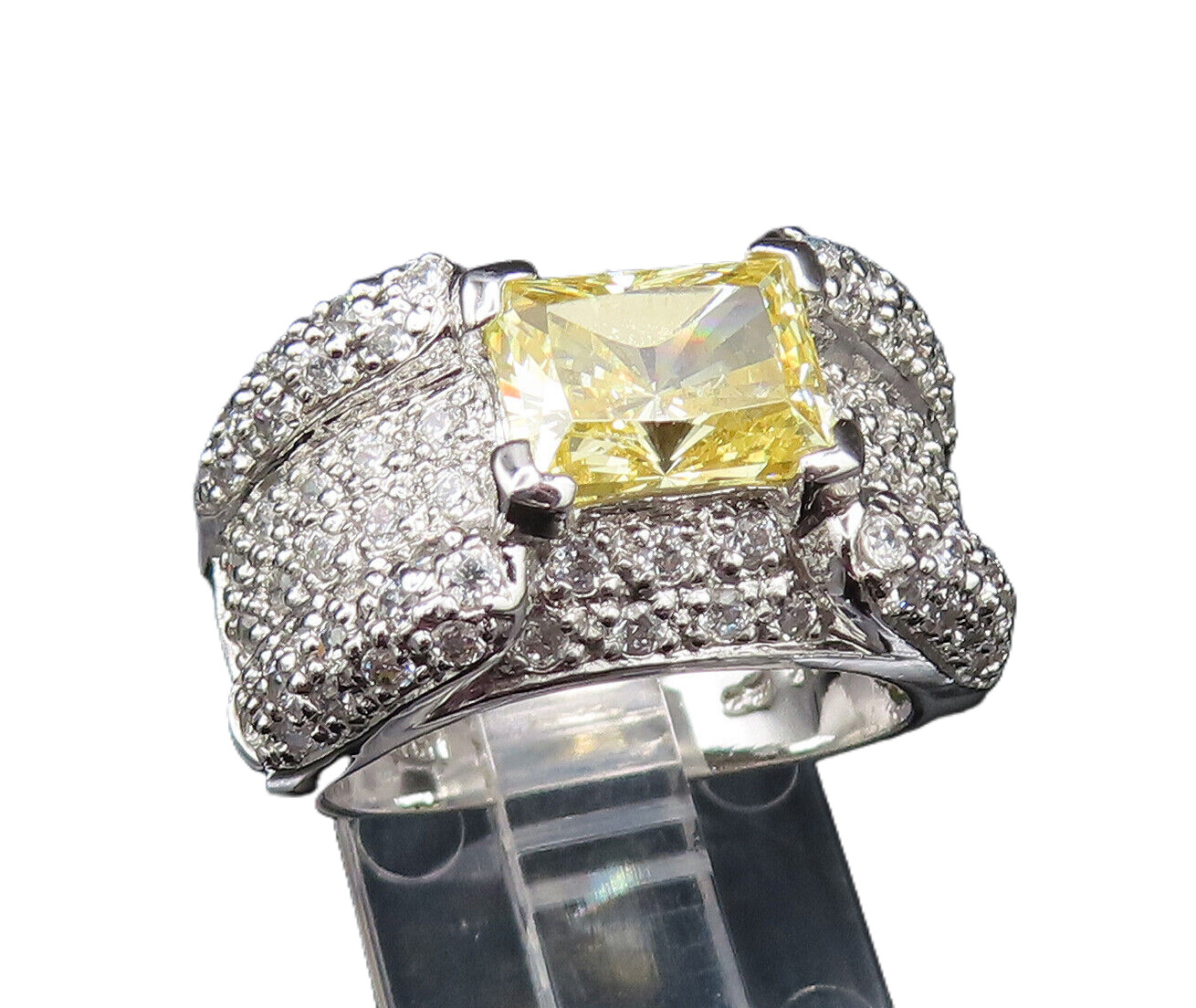 925 Silver Vintage Emerald Cut Citrine & Cubic Zirconia Ring Sz 7.5 RG25498