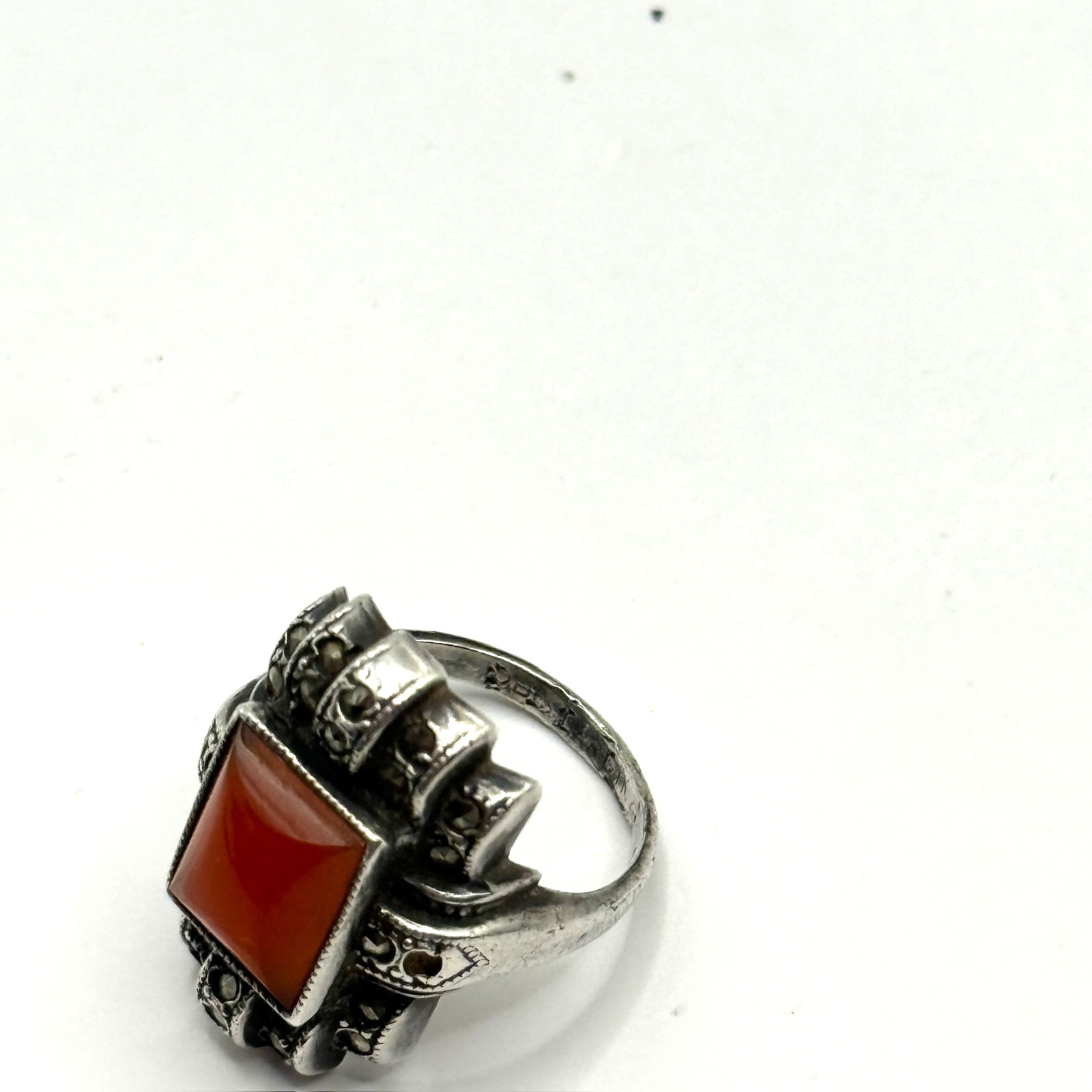 Vintage Art Deco STERLING SILVER Orange Carnelian Stone Marcasite Ring Size 4.25