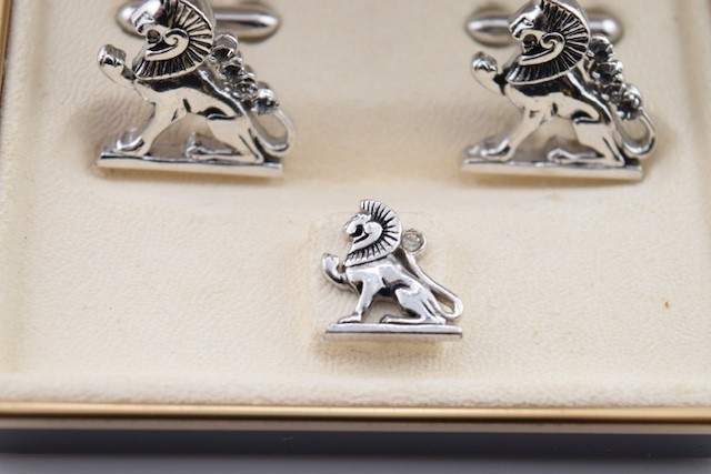 Vintage Swank Figural Griffin Cufflinks Rhinestones Silver Tie Tack Box