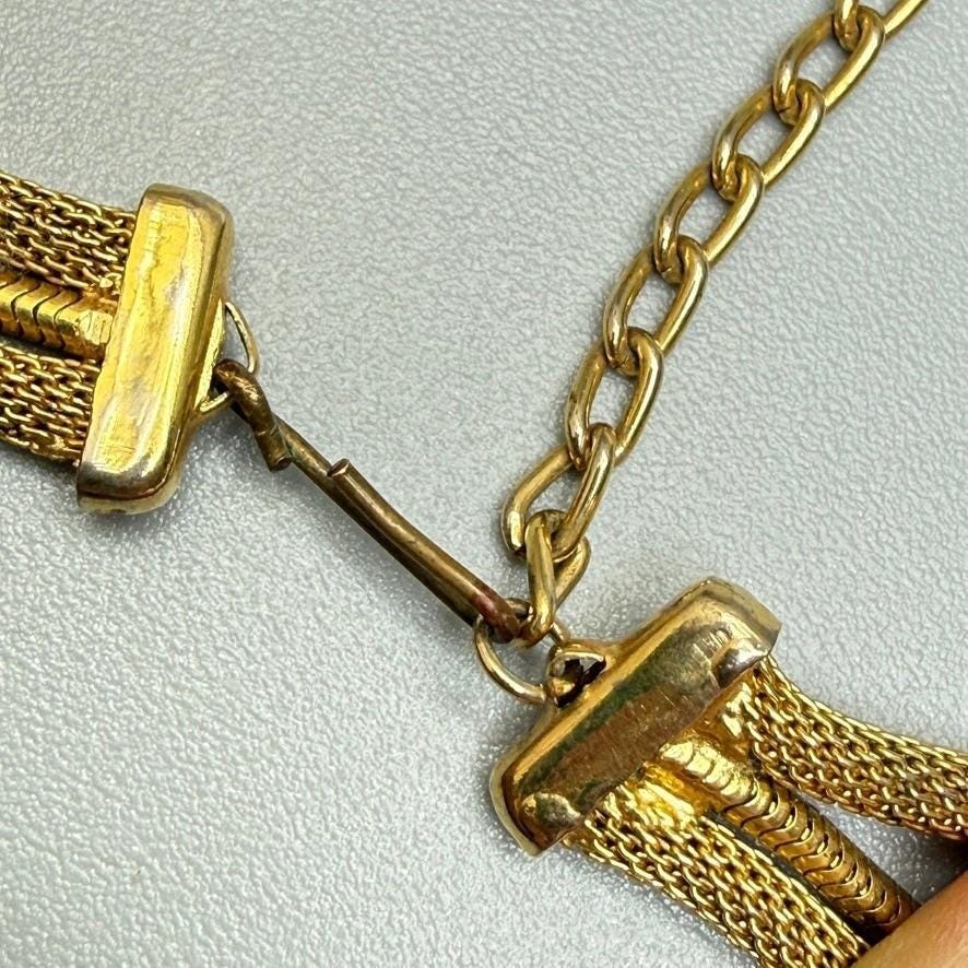 Vintage Gold Tone Mesh Chain Necklace Tassel Crystals 17″ Statement Adjustable