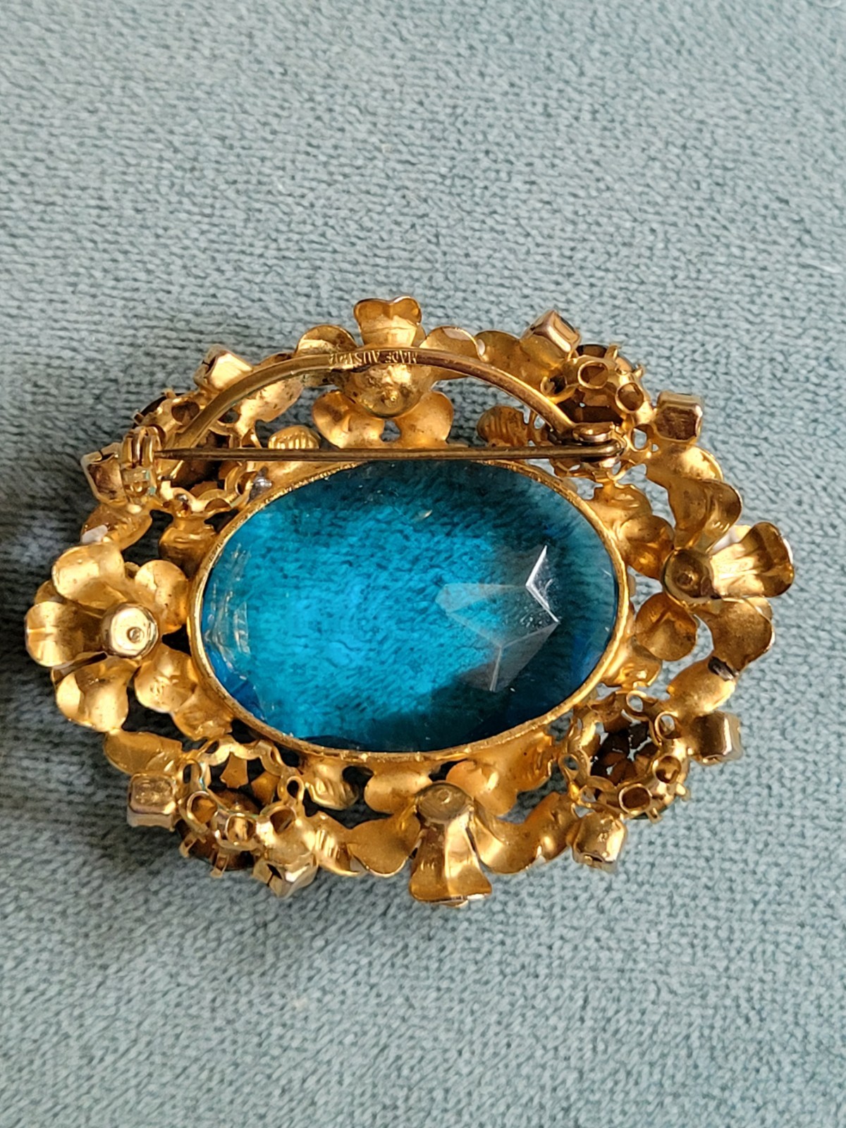 Vintage 1950’s Austrian Large Blue Crystal w Enamel Flowers Pendant Brooch