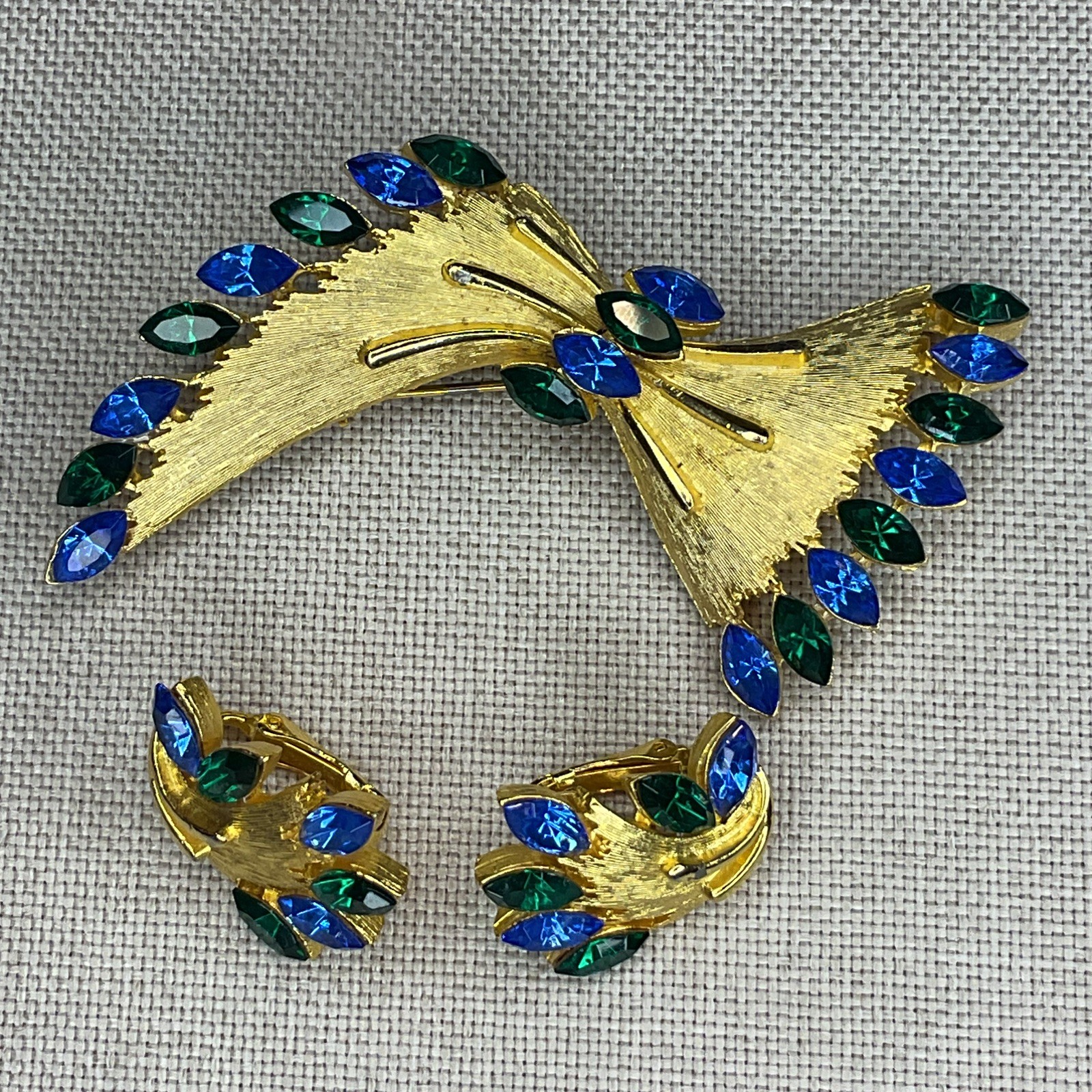 Vintage Signed JJ Brooch Pin Clip Earrings Set Gold Tone Navette Rhinestones