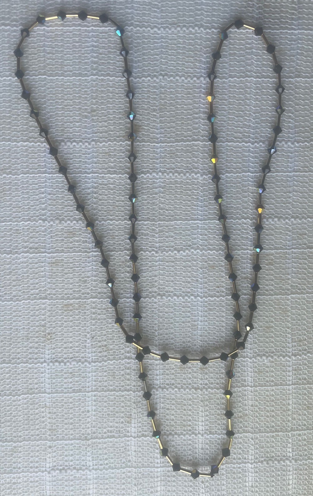 Swarovski Cyrstal 30″ Necklace 4 mm Black Aurora Borealis bicone gold bugles
