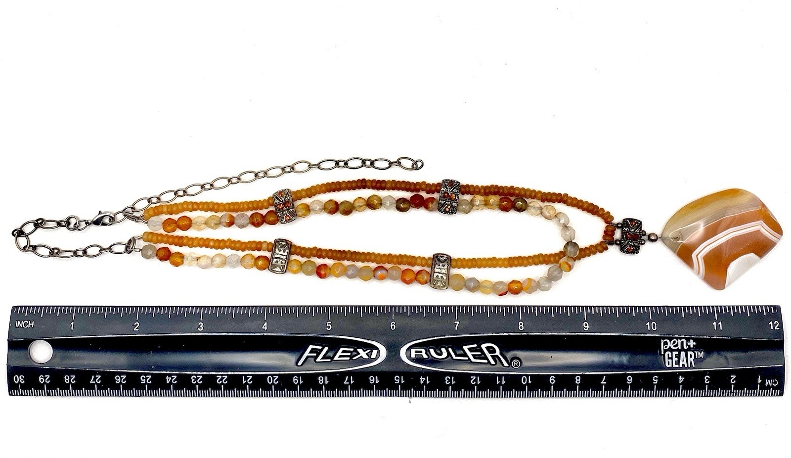 Vintage Silver Plated Banded Caramel Agate Necklace Pendant Two Strand Estate