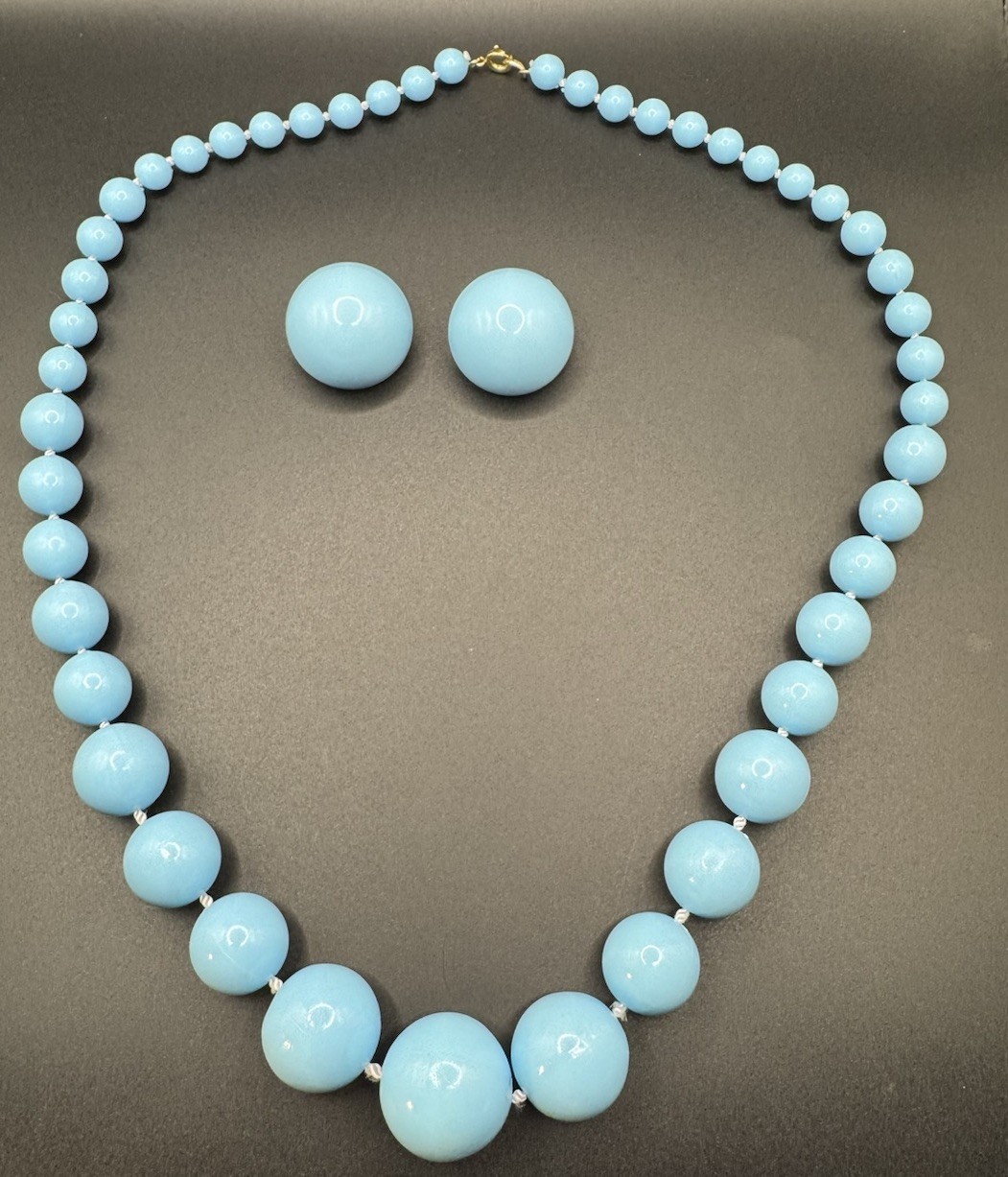 Signed Baby Blue Lucite Beaded Necklace Clip on Earrings Beautiful Set MCM