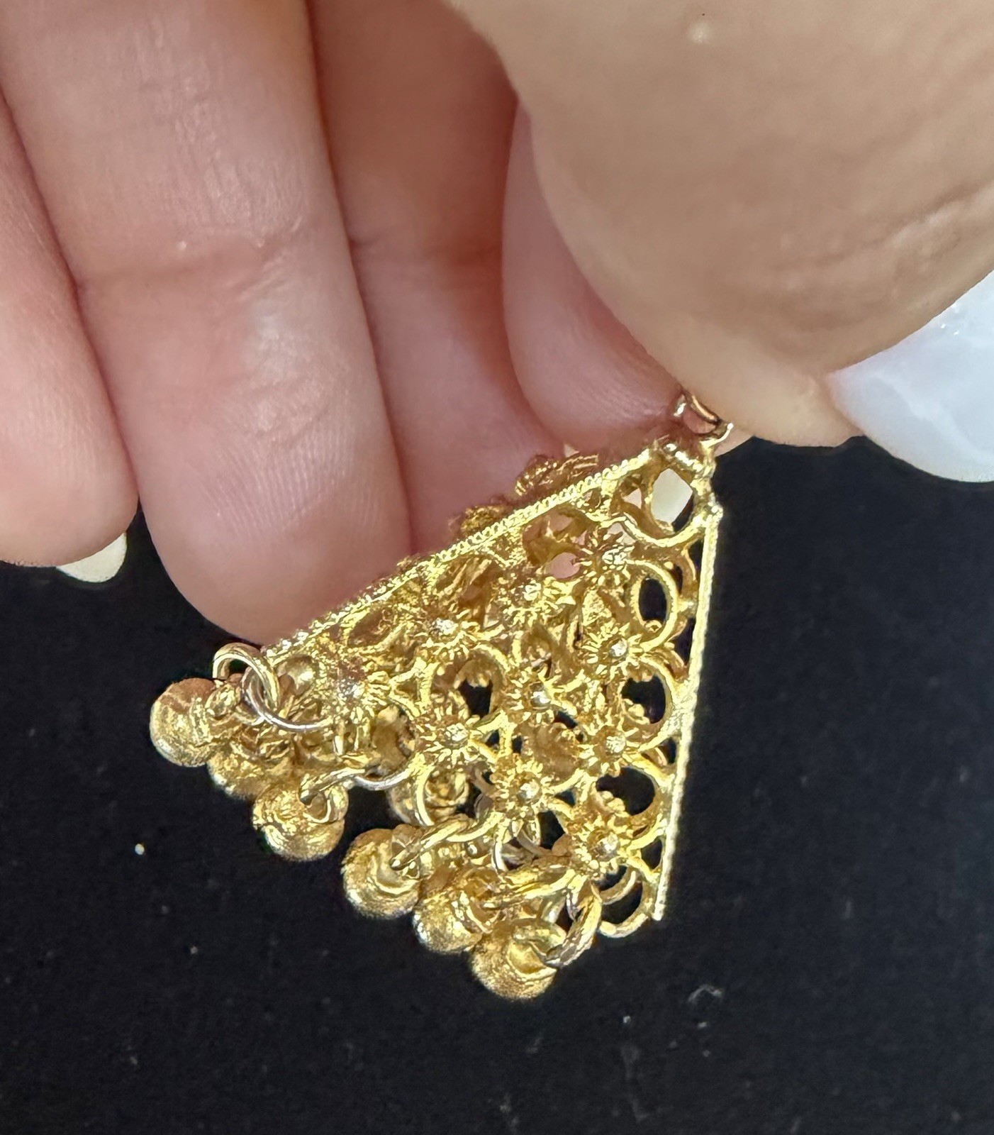 Gold Tone Filigree Dangle Pendant Boho Ethnic Tribal Charm w/ Bead Fringe
