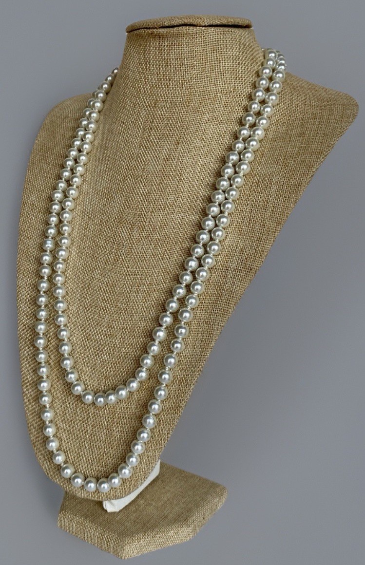 Vintage Rope Length Hand Knotted Faux Glass Pearl Necklace, 8mm Pearls, 56″
