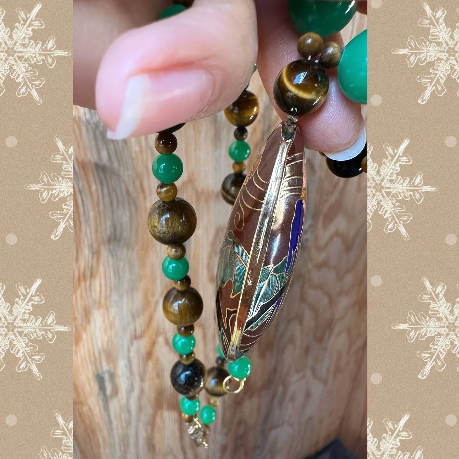 Vintage Hobé Cloisonne & Tiger’s Eye + Green Jade Stones Necklace