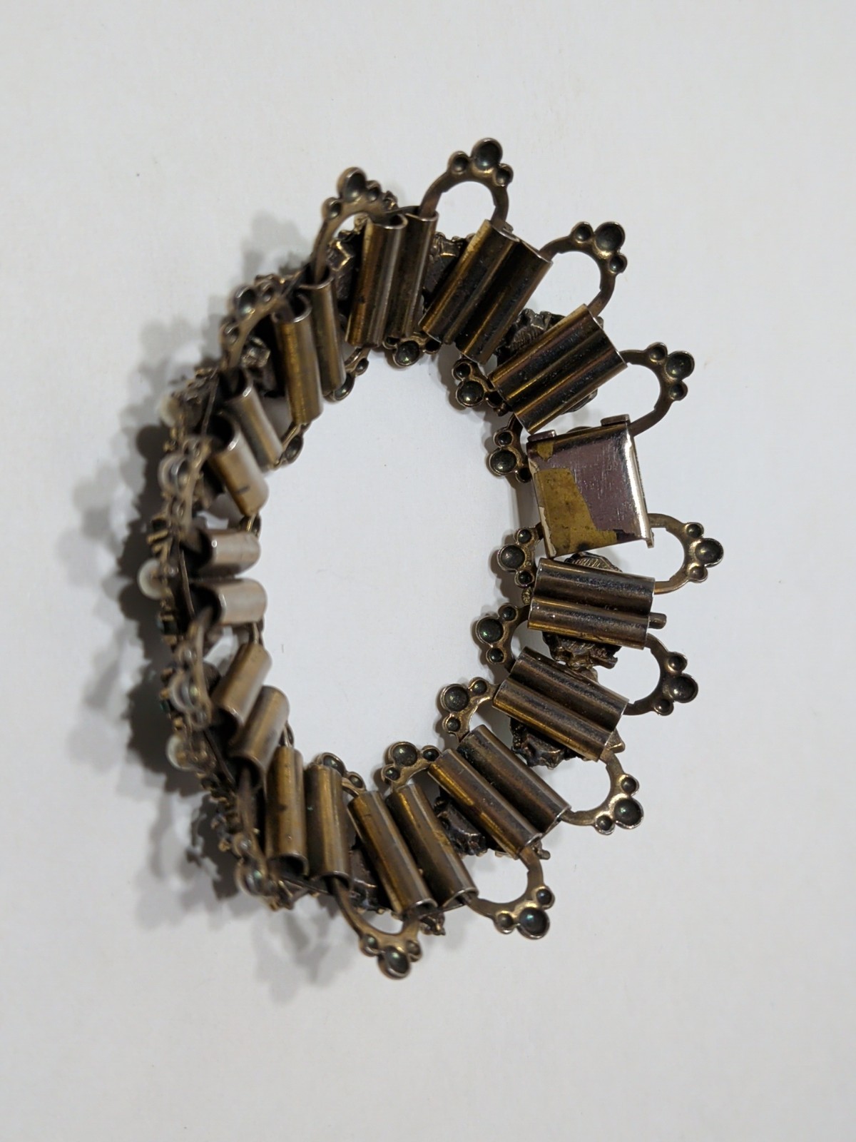 ✨VINTAGE✨ 1950s 8″ Bracelet Blue Stones Small Pearls Gold Tone Filigree Copper?
