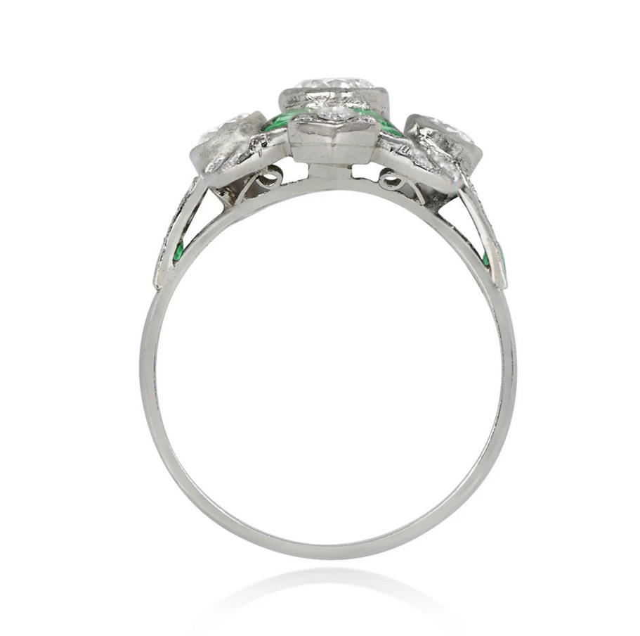 Art Deco Style Old European Cut Lab-Created Diamond And Emerald Ring 925 Silver